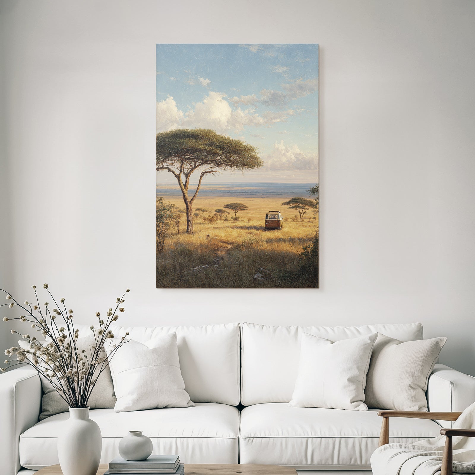 Desert Peaceful Landscape With Vintage Van And Acacia Trees