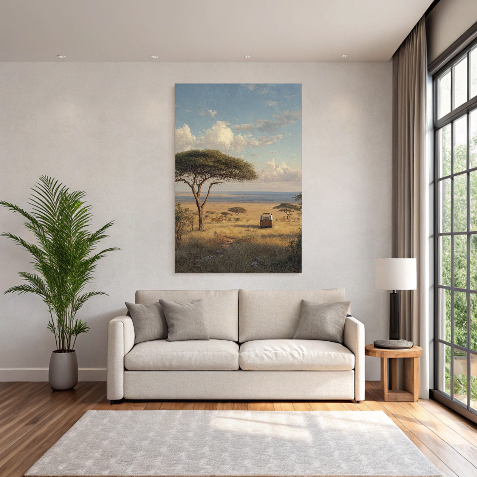 Desert Peaceful Landscape With Vintage Van And Acacia Trees
