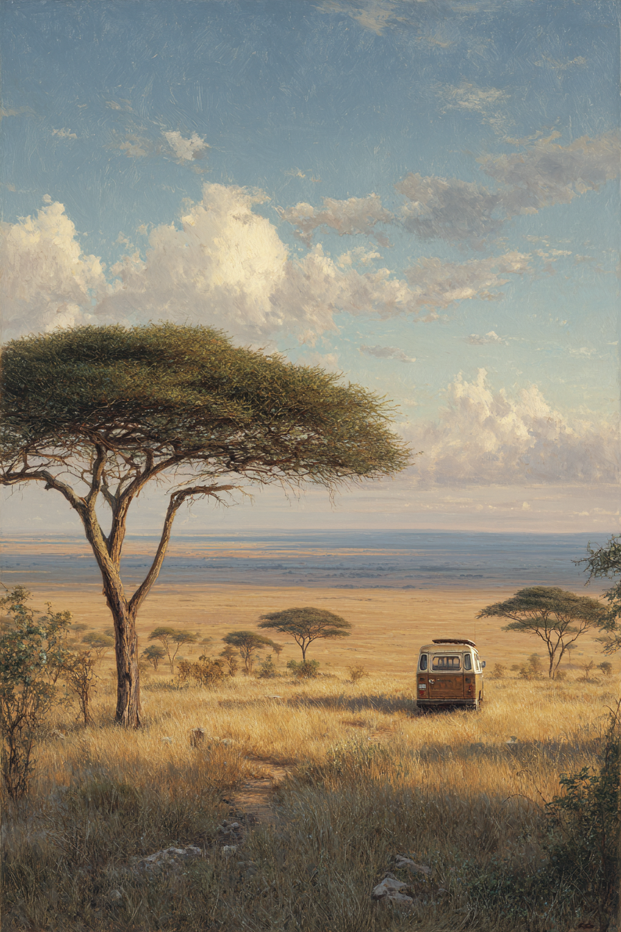 Wüsten Friedliche Landschaft Mit Vintage Van Und Acacia Bäumen | Wuesten und Savanne | Landschaften
