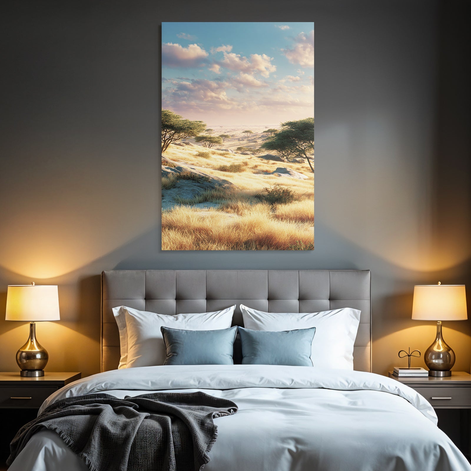 Desert Peaceful Savannah With Golden Grass Under Soft Clouds