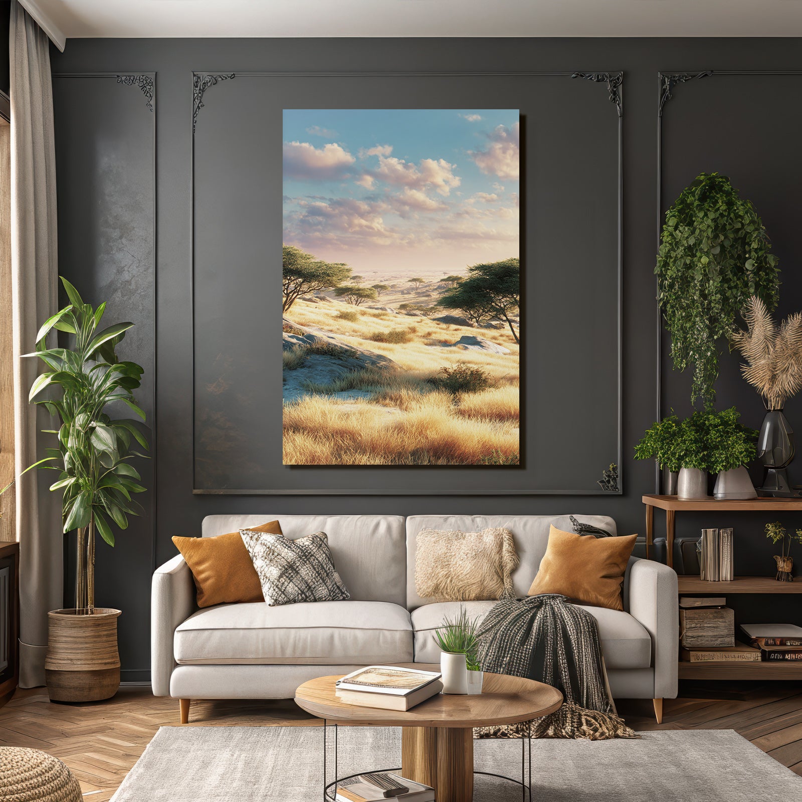 Desert Peaceful Savannah With Golden Grass Under Soft Clouds