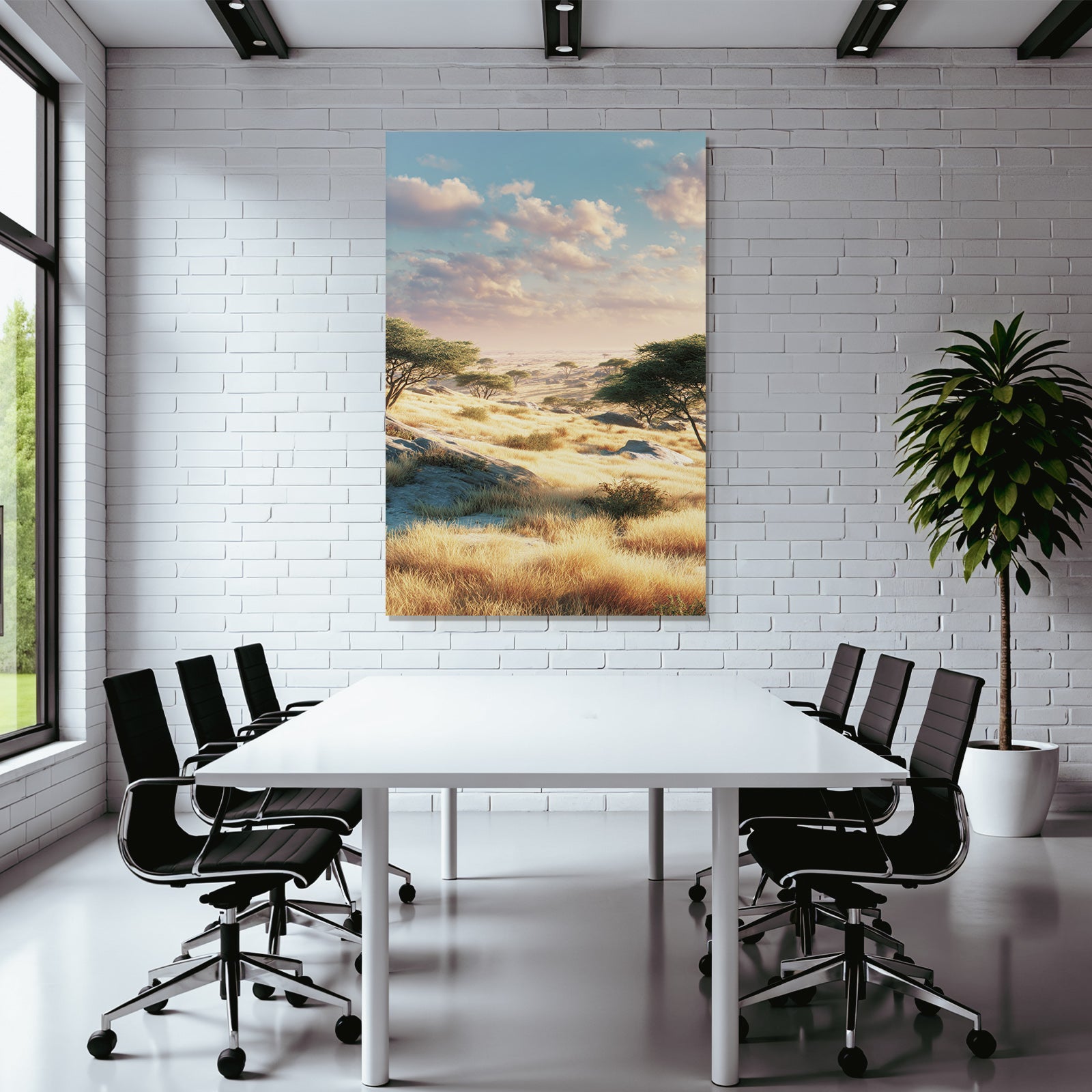 Desert Peaceful Savannah With Golden Grass Under Soft Clouds
