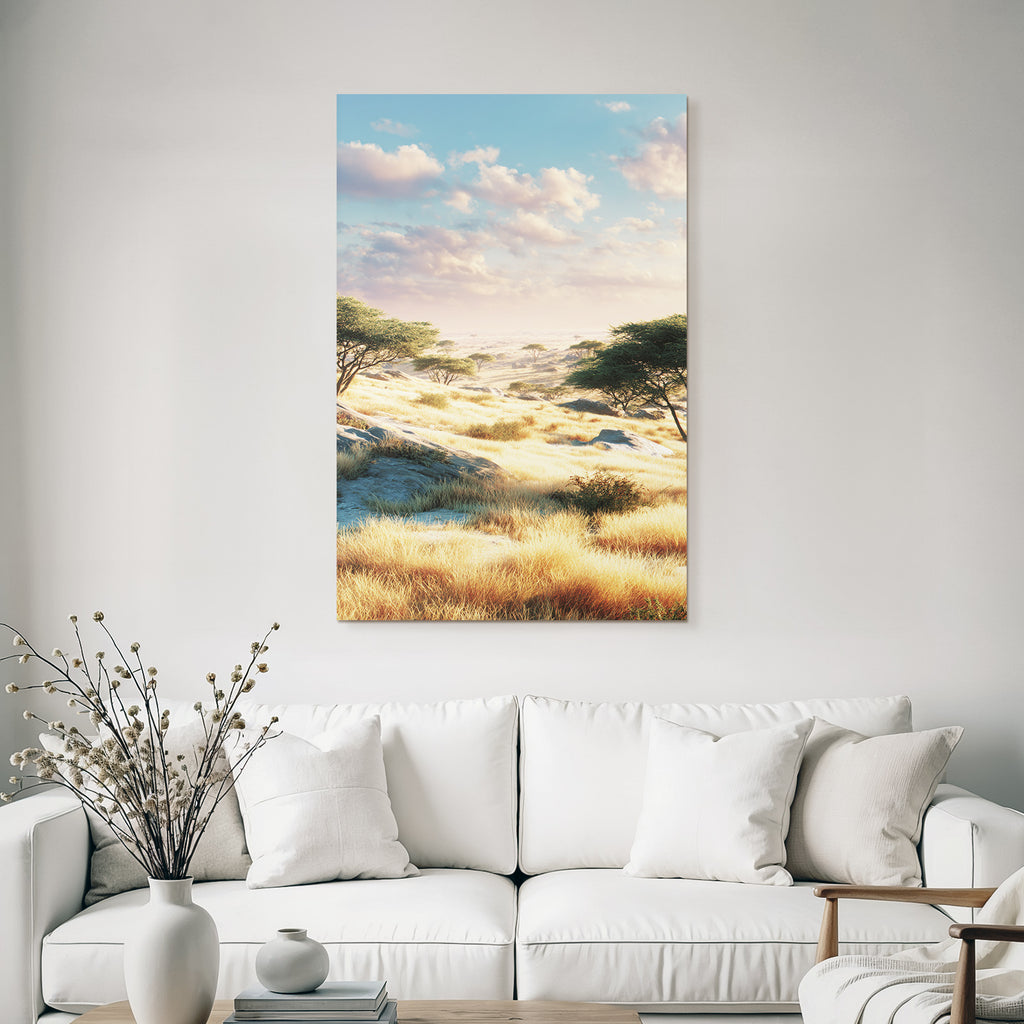 Desert Peaceful Savannah With Golden Grass Under Soft Clouds