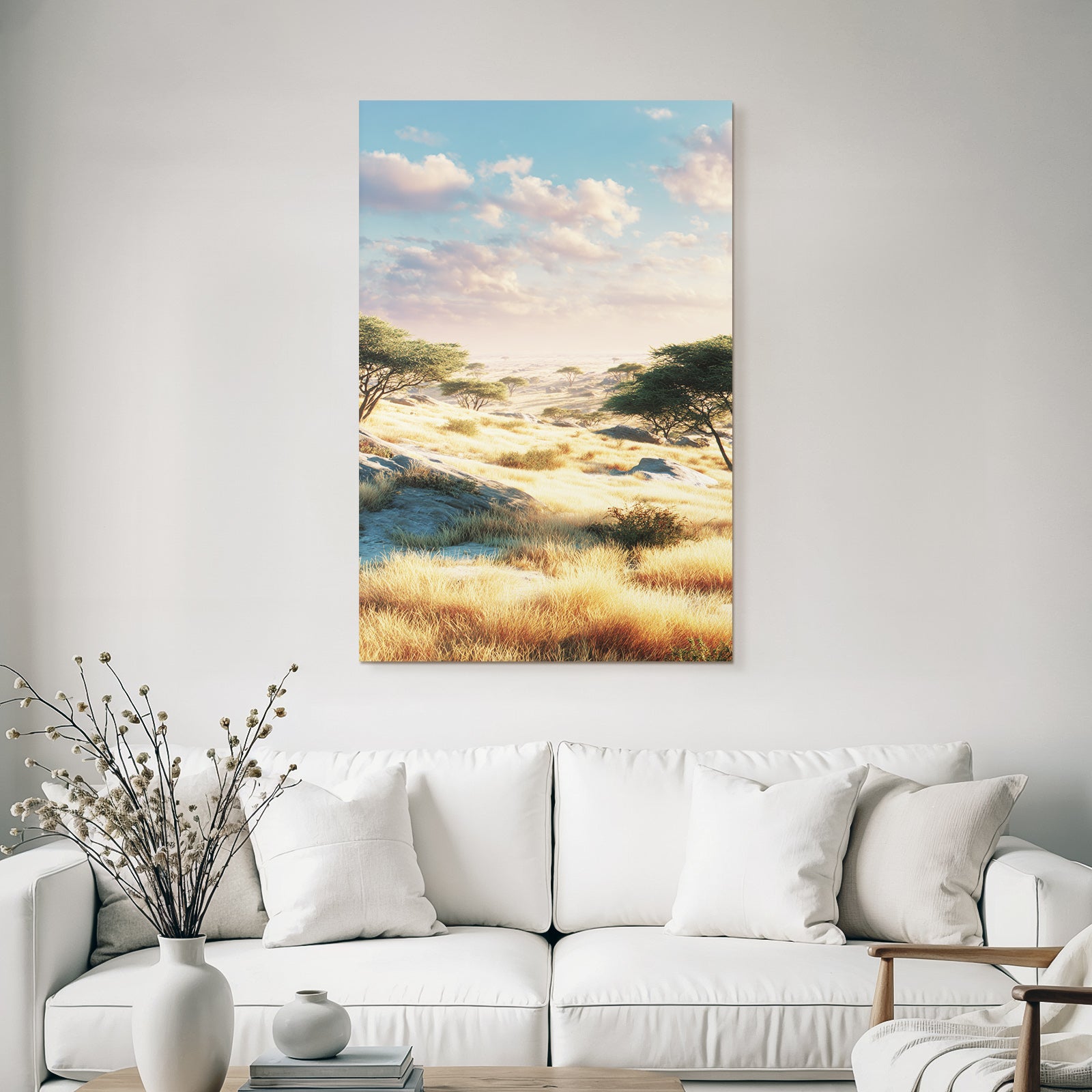 Desert Peaceful Savannah With Golden Grass Under Soft Clouds