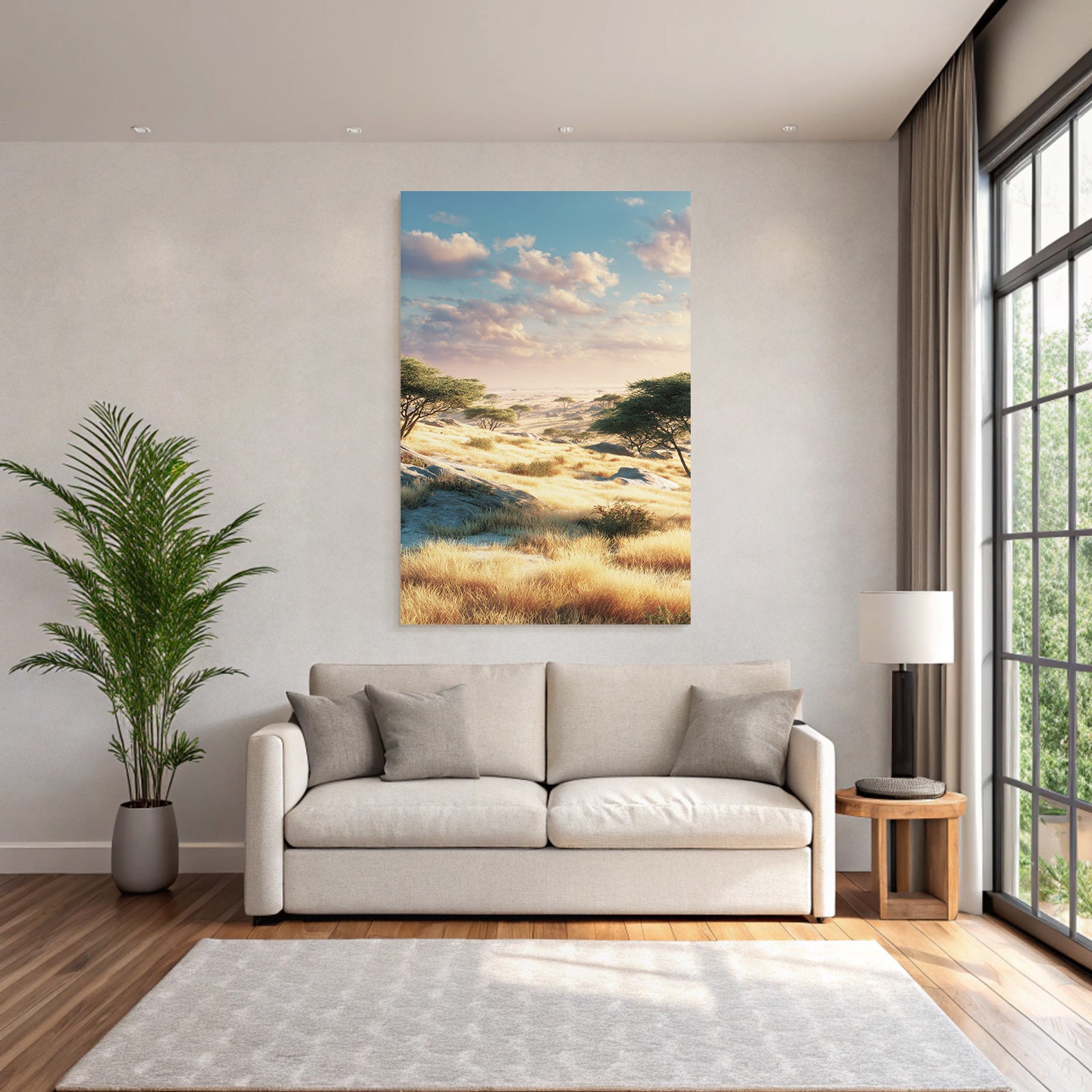 Desert Peaceful Savannah With Golden Grass Under Soft Clouds
