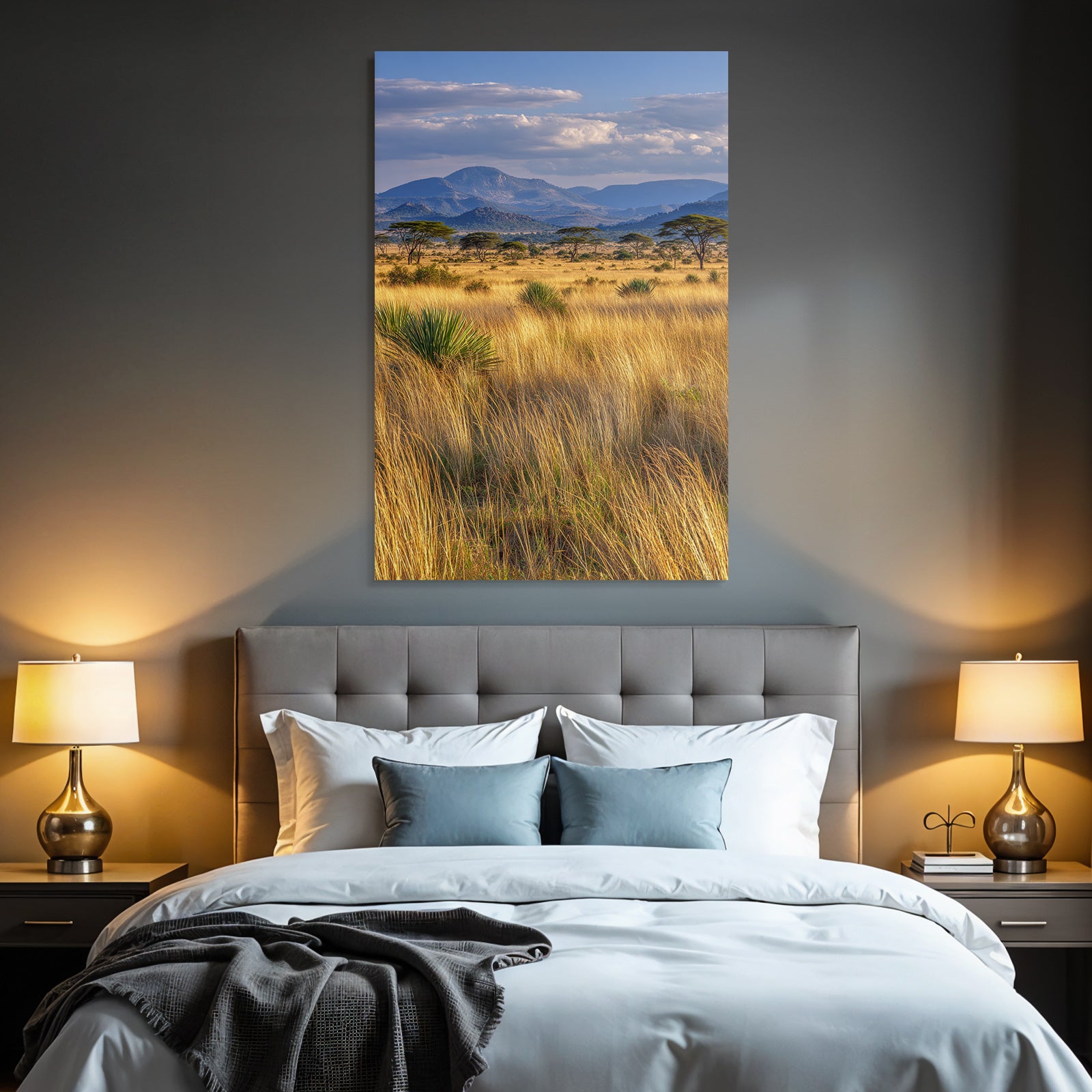 Desert golden grassland with acacia trees and mountains under cloudy sky