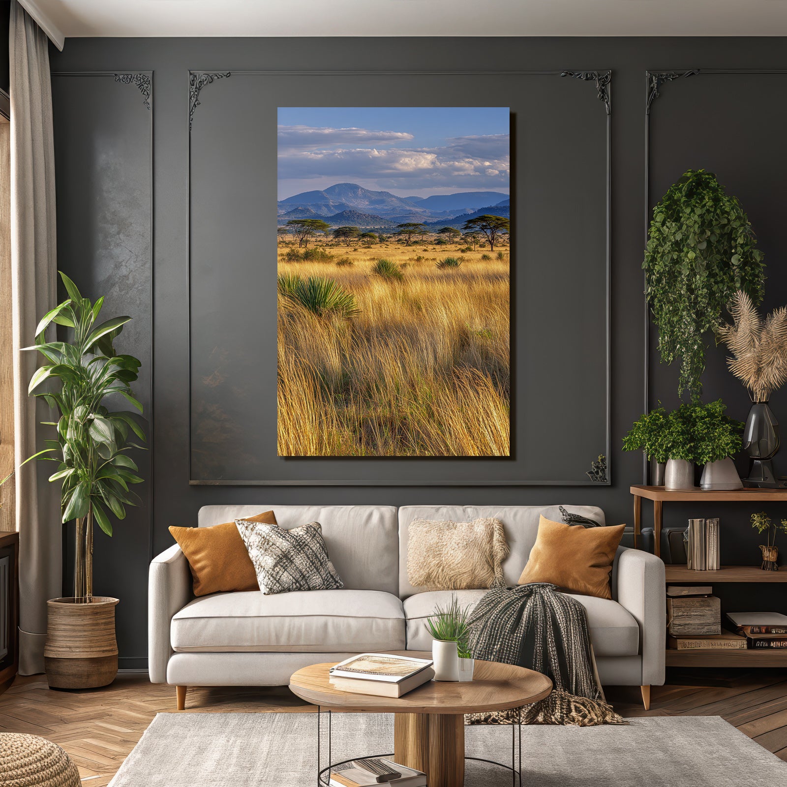 Desert golden grassland with acacia trees and mountains under cloudy sky