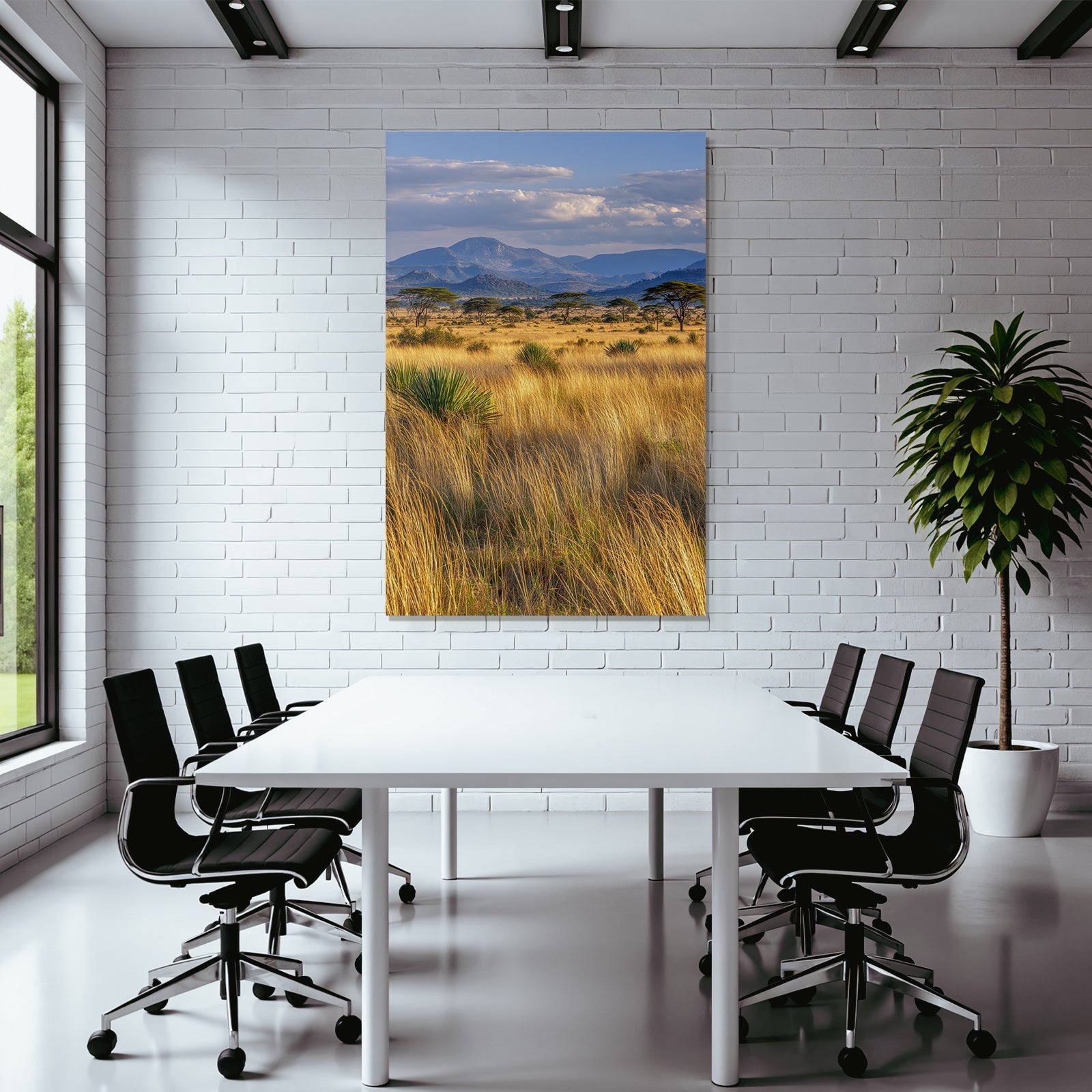 Desert golden grassland with acacia trees and mountains under cloudy sky