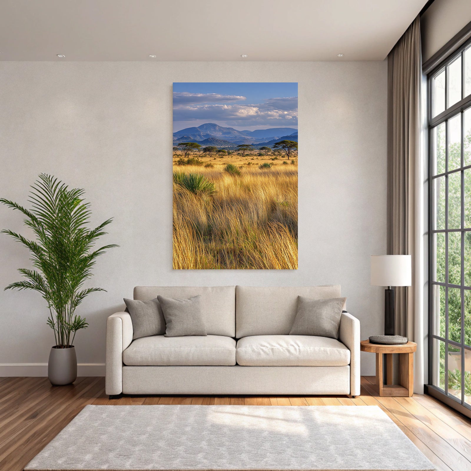 Desert golden grassland with acacia trees and mountains under cloudy sky
