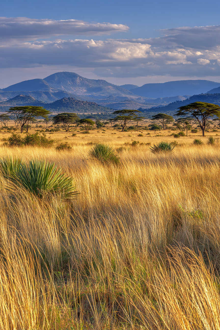 Wüsten Goldene Graslandschaft Mit Acacia Bäumen Und Bergen Unter Wolkigem Himmel | Wuesten und Savanne | Landschaften