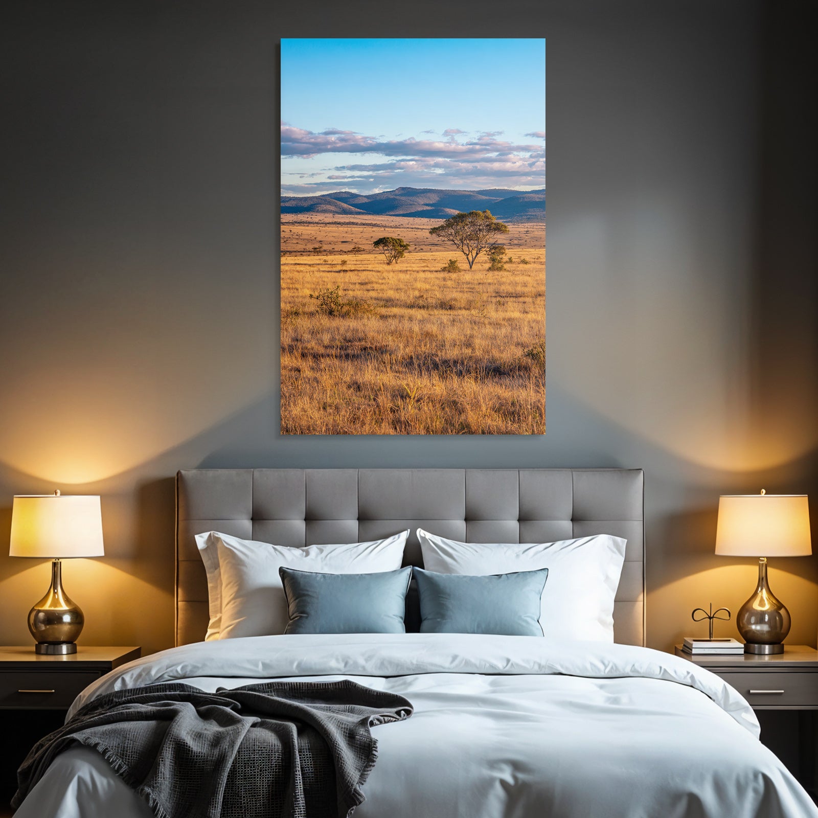 Desert golden grass landscape with trees and hills under blue sky