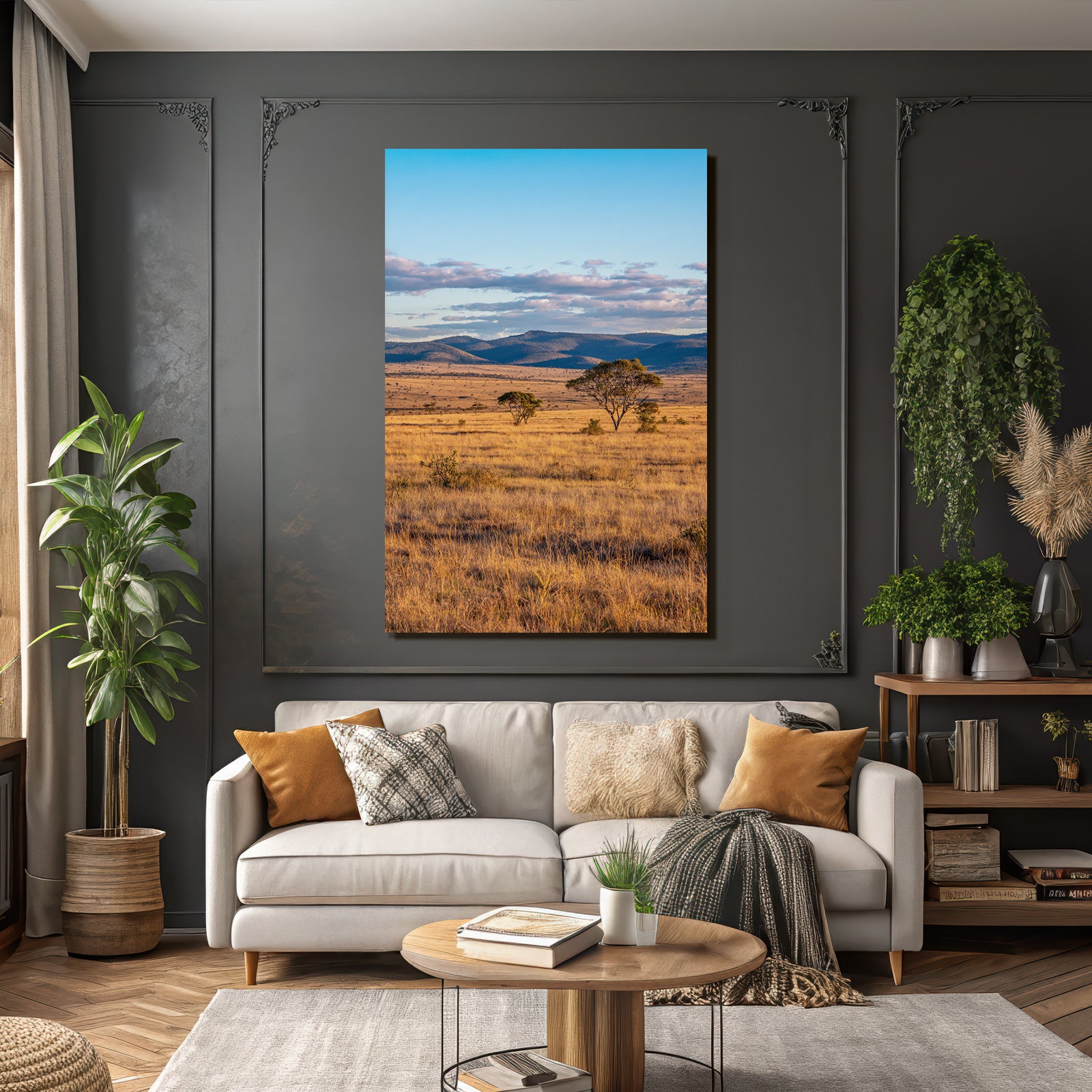 Desert golden grass landscape with trees and hills under blue sky