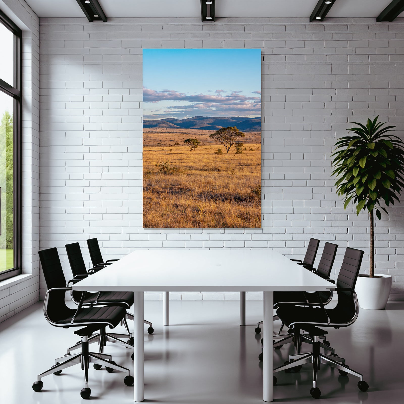 Desert golden grass landscape with trees and hills under blue sky