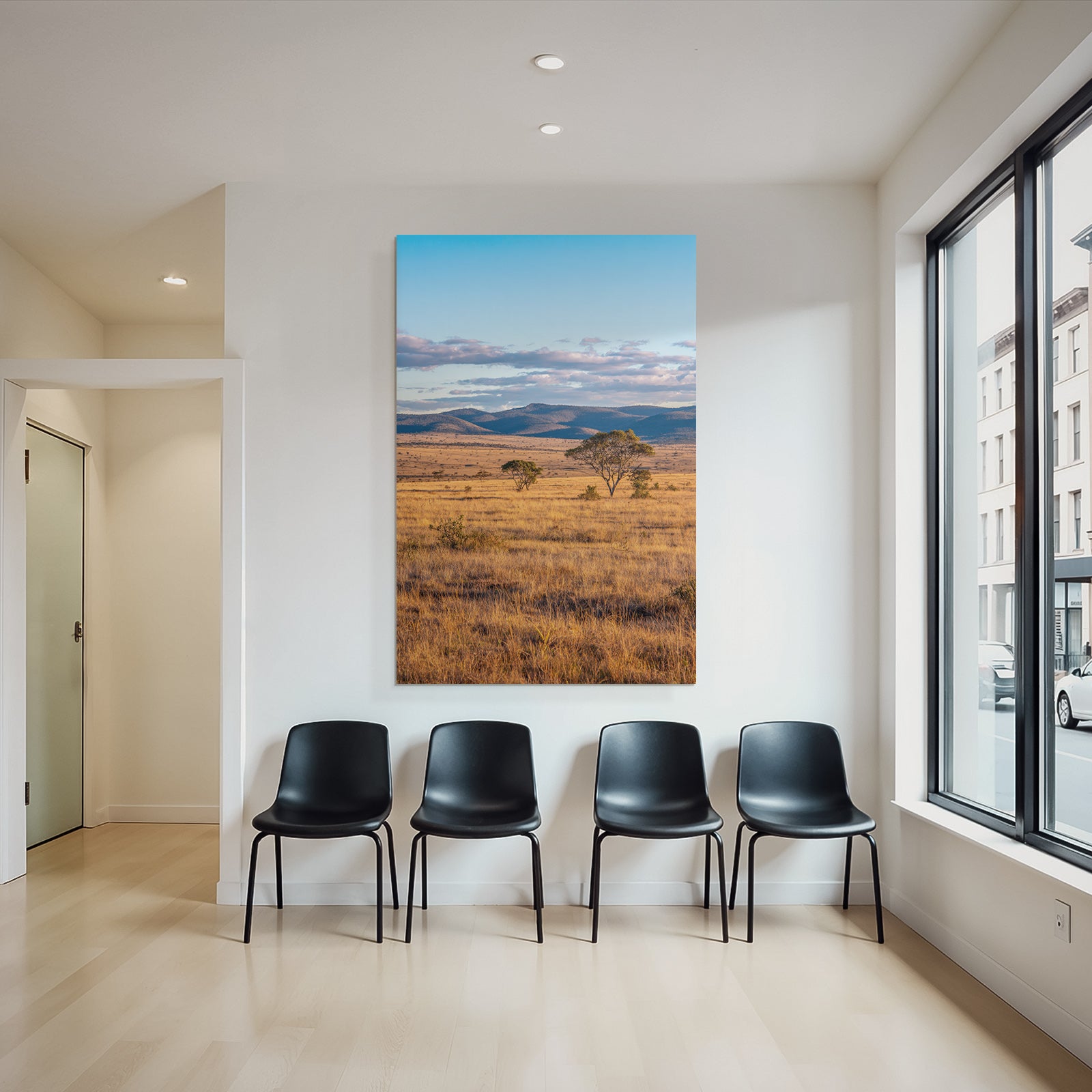Desert golden grass landscape with trees and hills under blue sky