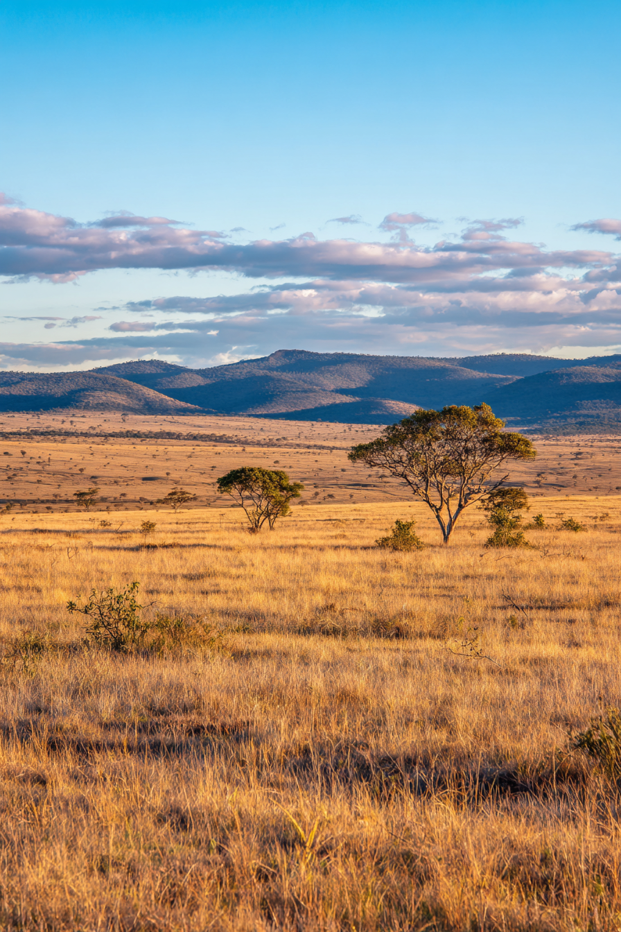Wüsten Goldene Grasslandschaft Mit Bäumen Und Hügeln Unter Blaüm Himmel | Wuesten und Savanne | Landschaften