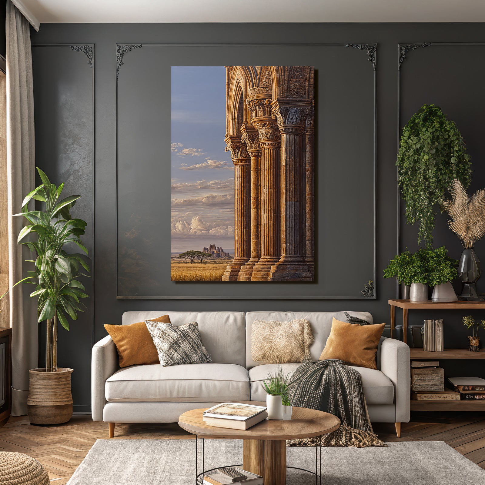 Desert Historical Architecture with Columns and Landscape
