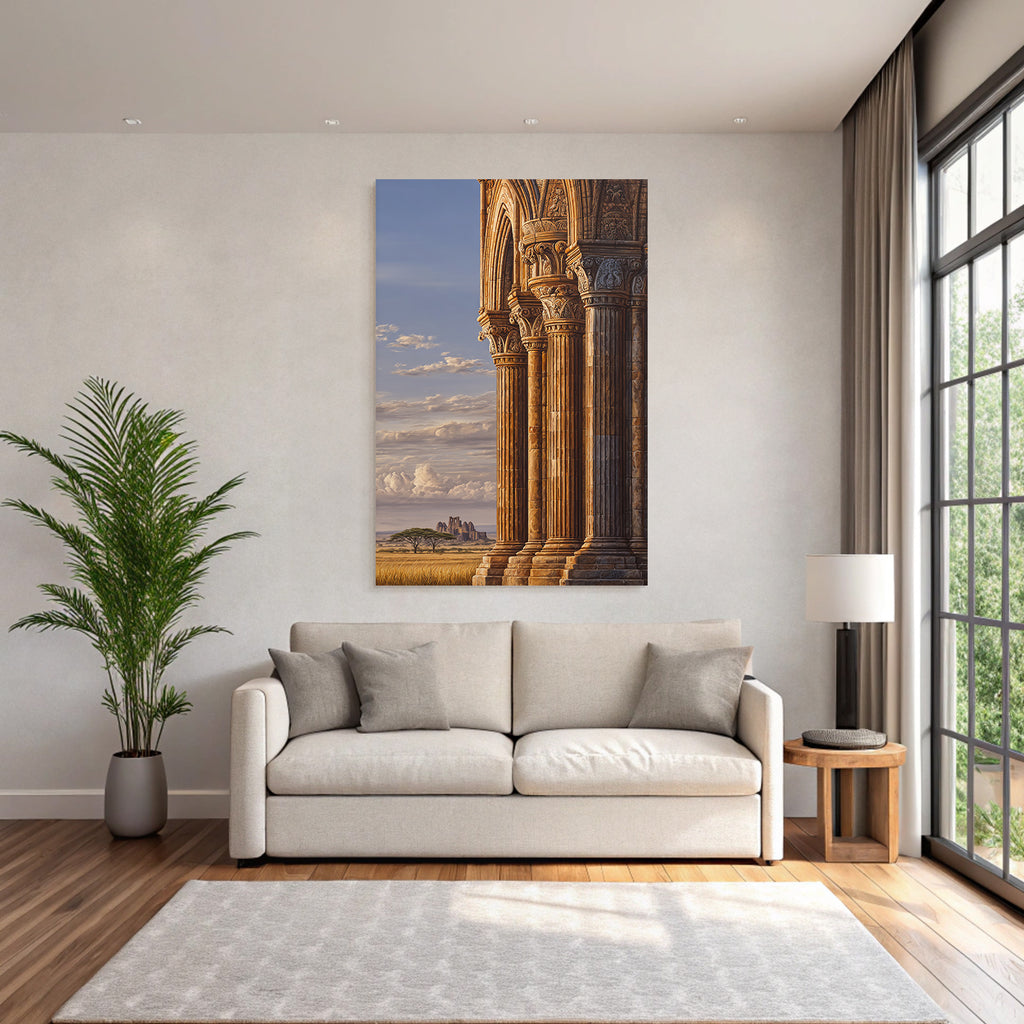 Desert Historical Architecture with Columns and Landscape