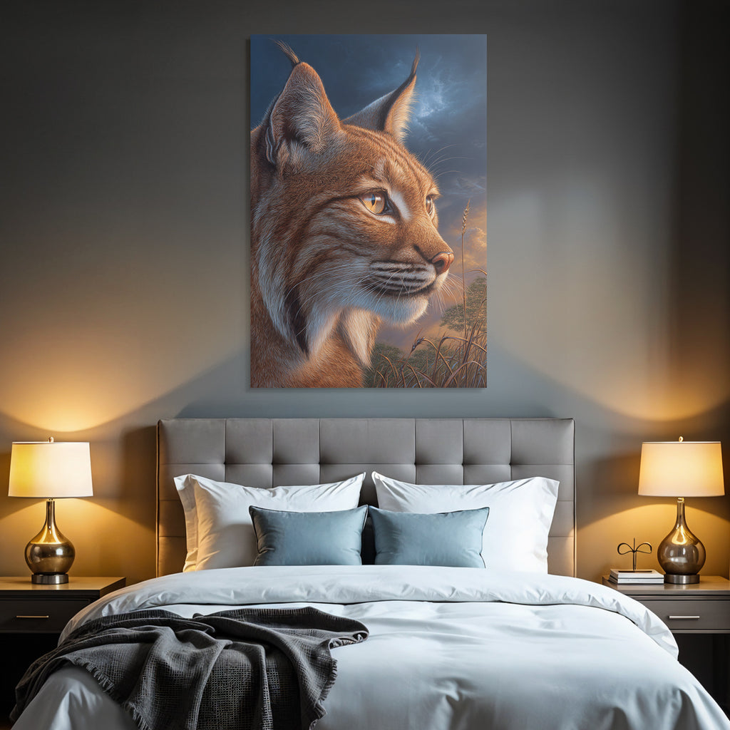Desert Lynx close-up fur features eyes sky background