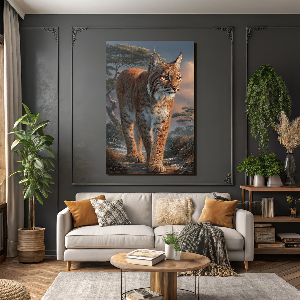 Desert Lynx in Nature Setting with Trees and Dramatic Sky