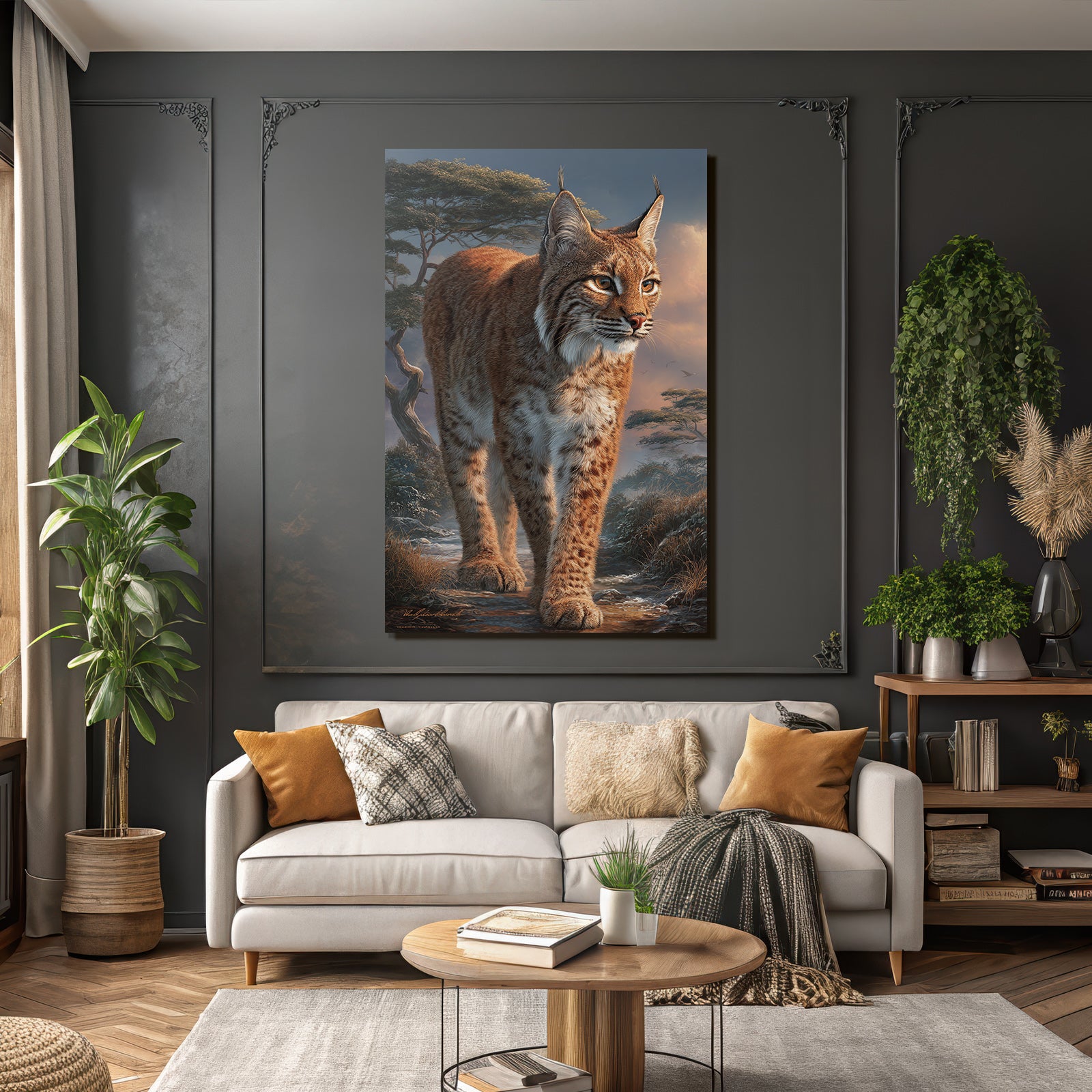Desert Lynx in Nature Setting with Trees and Dramatic Sky