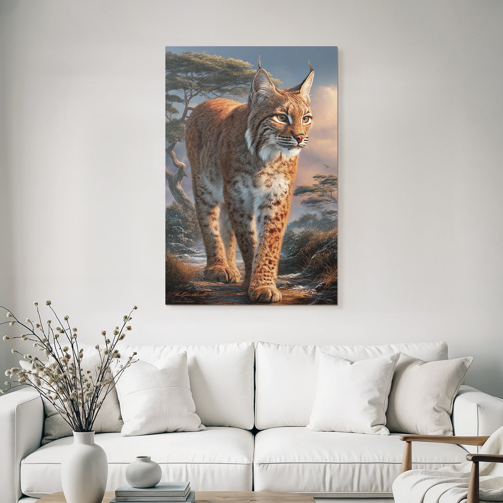 Desert Lynx in Nature Setting with Trees and Dramatic Sky