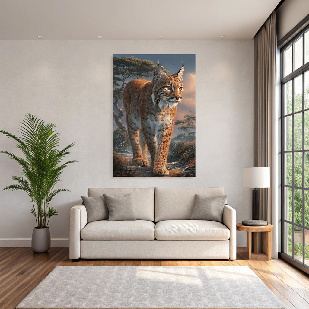 Desert Lynx in Nature Setting with Trees and Dramatic Sky