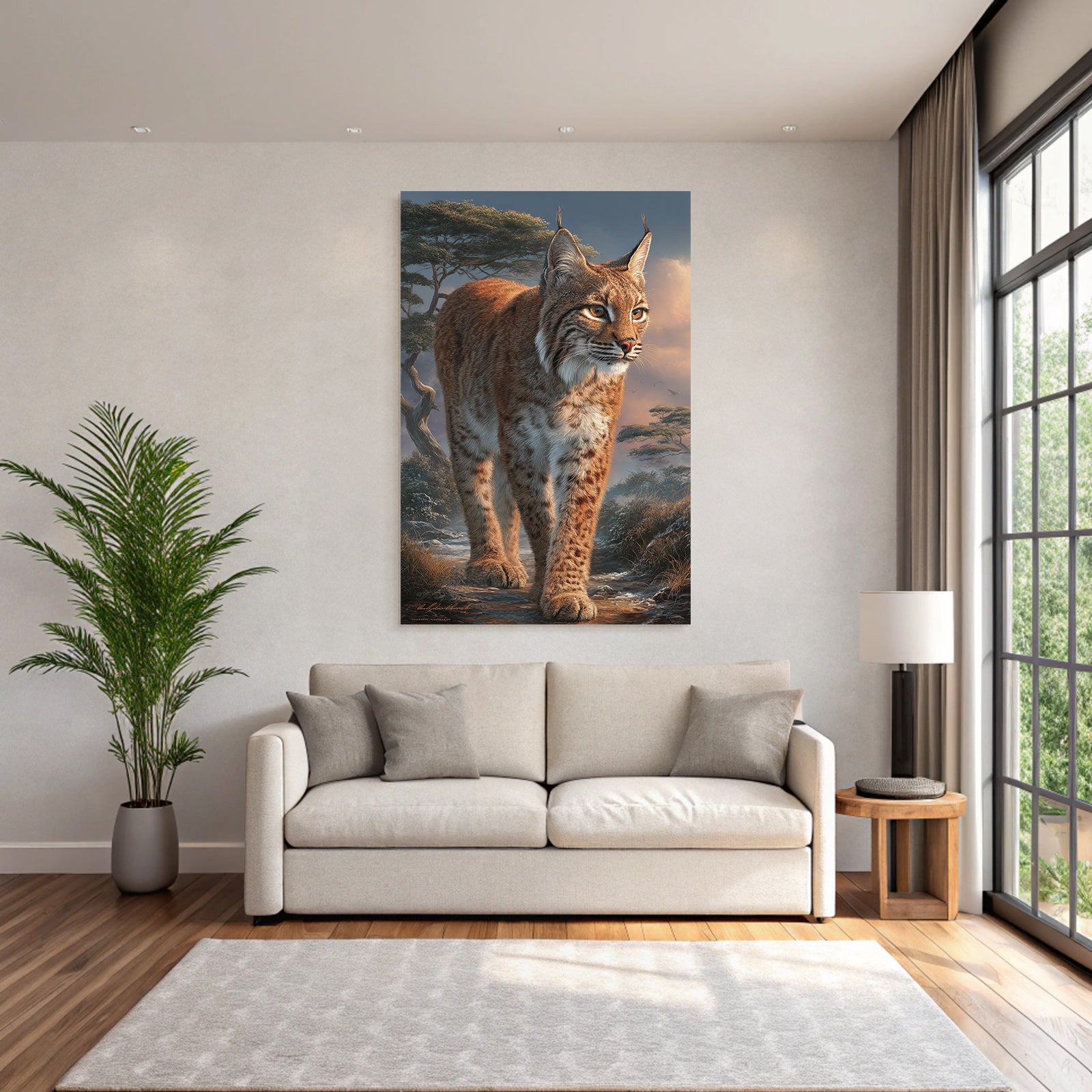Desert Lynx in Nature Setting with Trees and Dramatic Sky