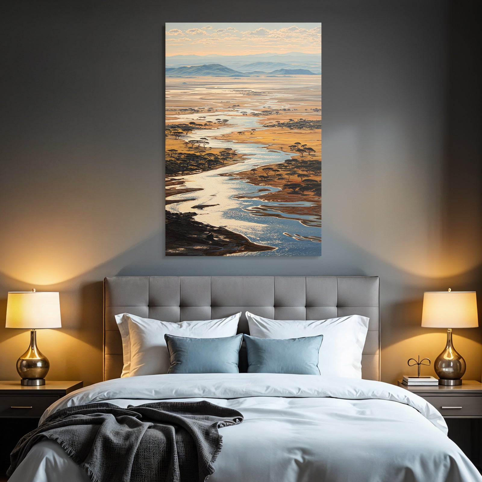 Desert Picturesque Landscape With River And Golden Savannah
