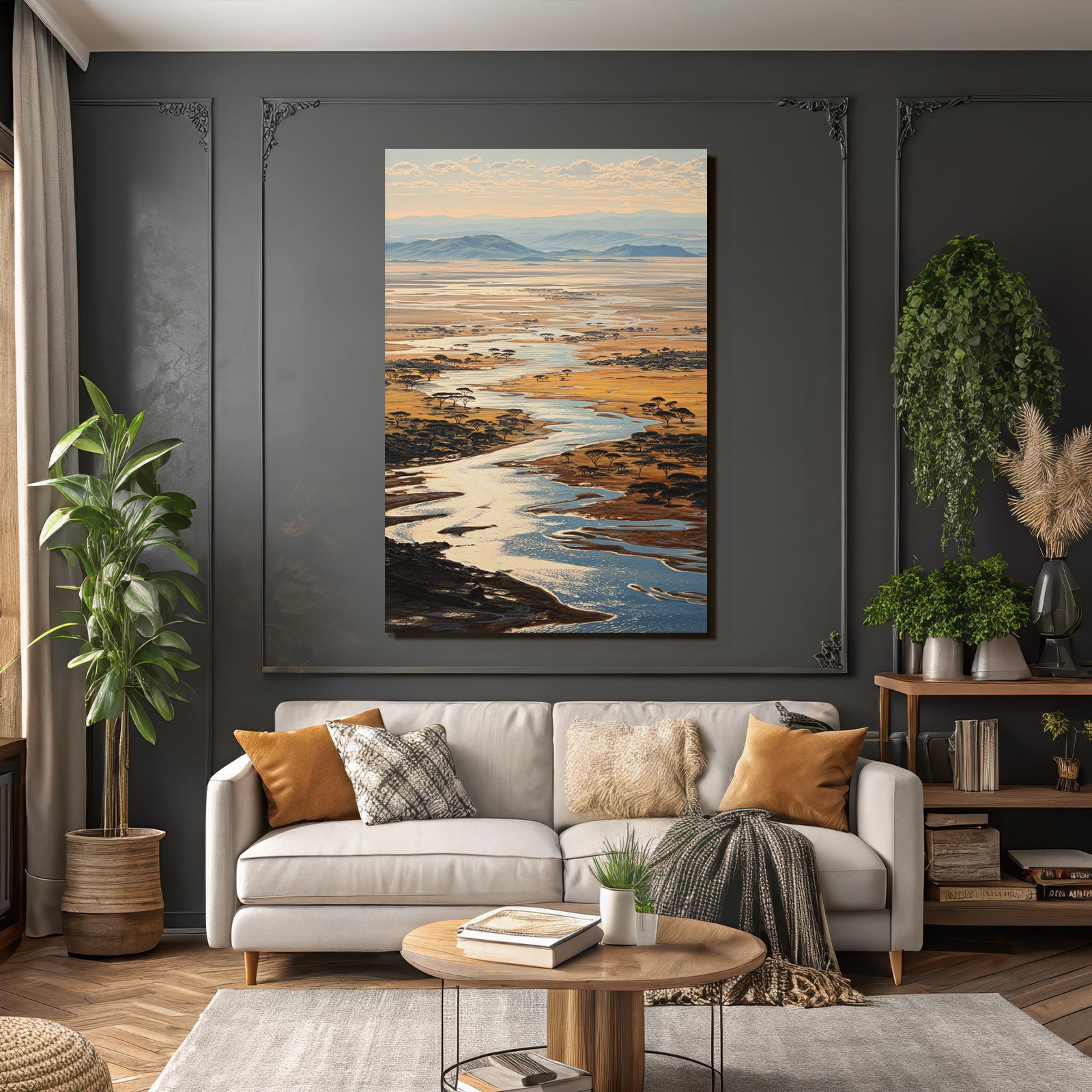 Desert Picturesque Landscape With River And Golden Savannah