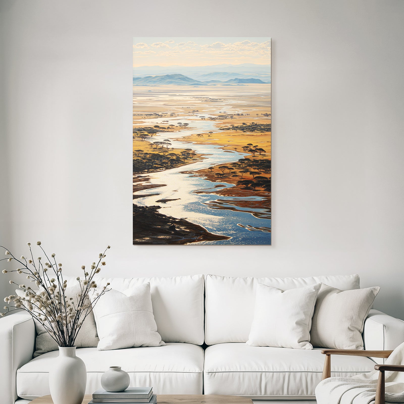 Desert Picturesque Landscape With River And Golden Savannah