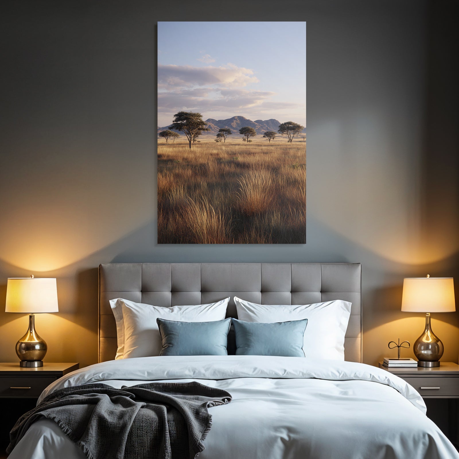 Desert tranquil landscape with grass, trees and mountains in the background