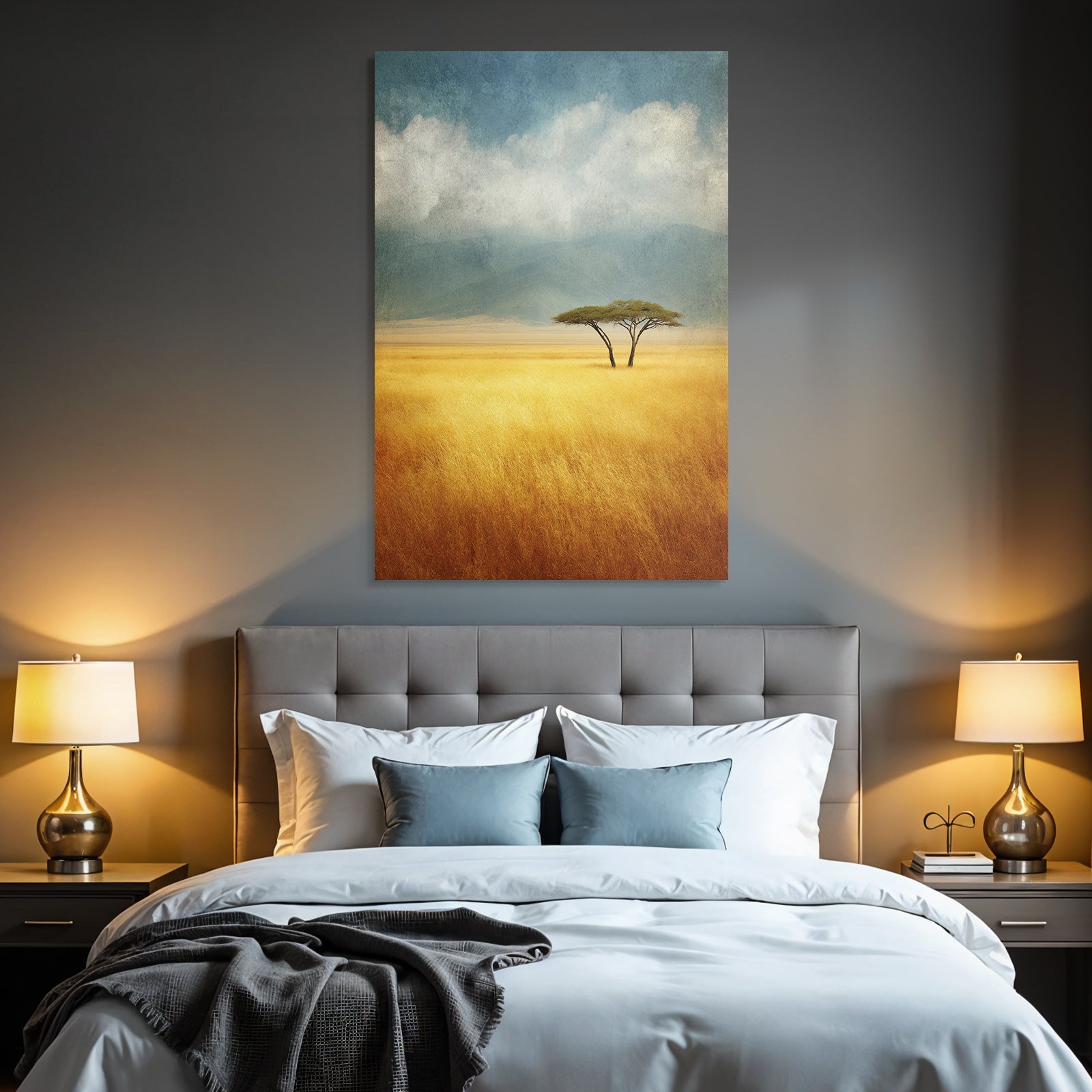 Desert Tranquil Landscape Two Trees Golden Grass Blue Sky