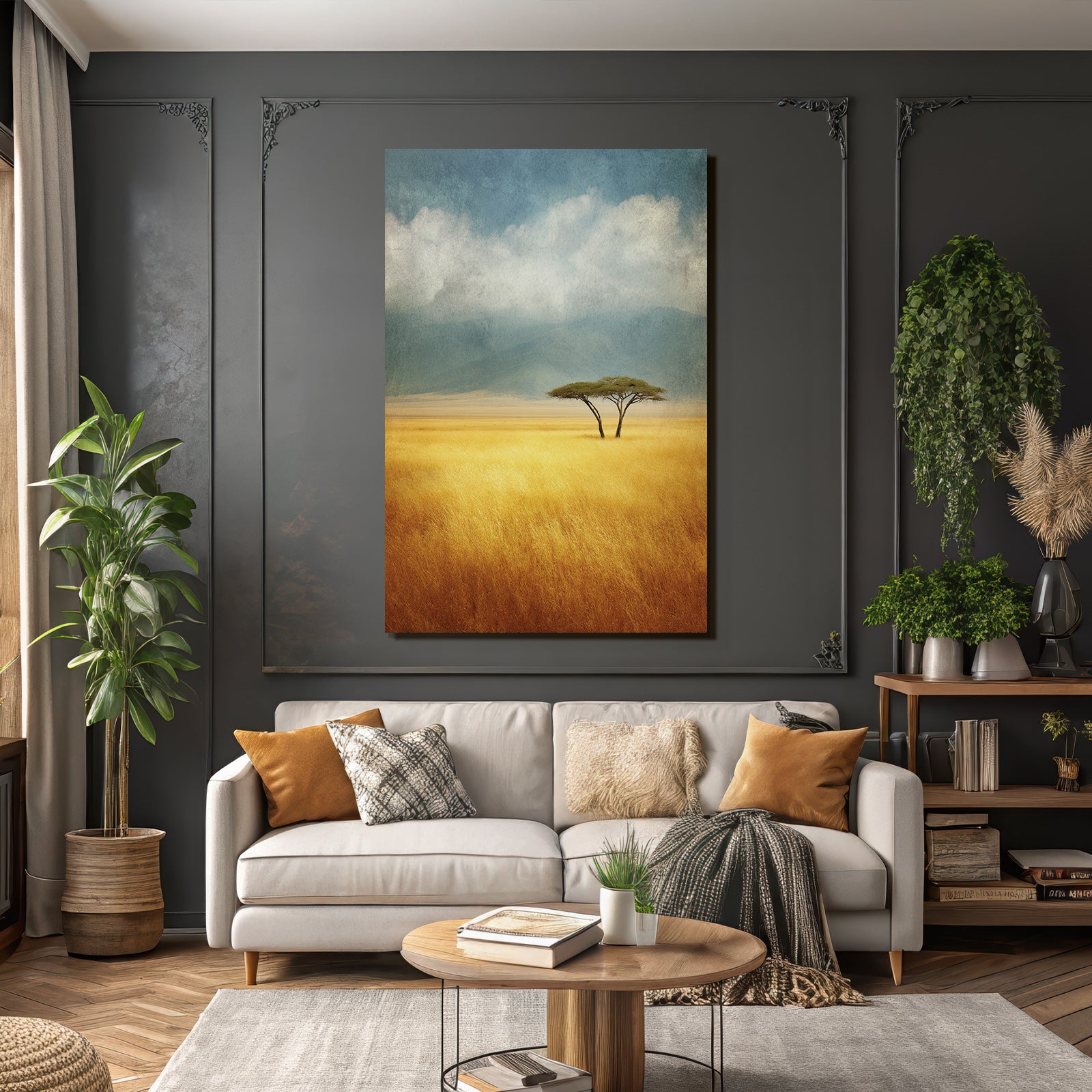 Desert Tranquil Landscape Two Trees Golden Grass Blue Sky