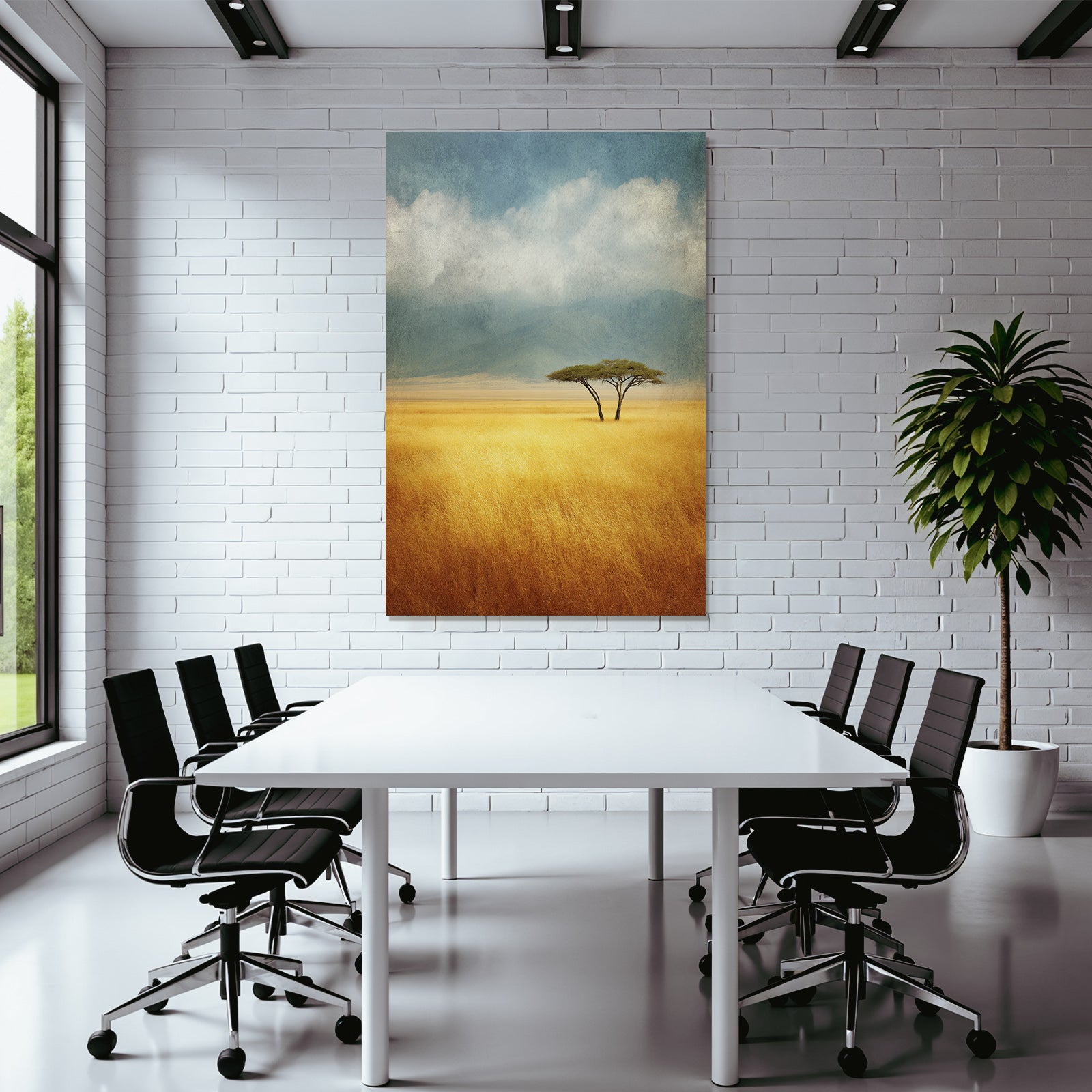 Desert Tranquil Landscape Two Trees Golden Grass Blue Sky