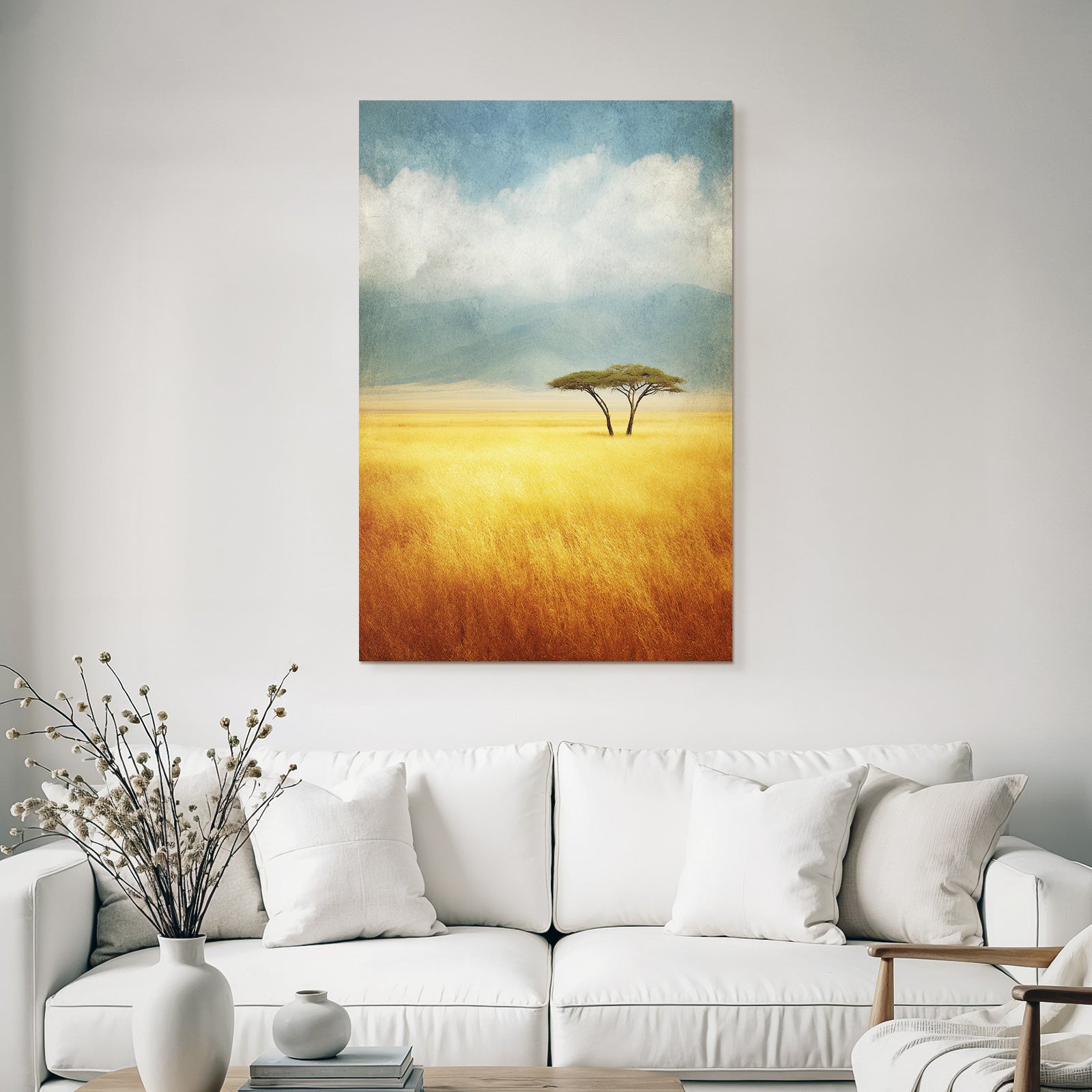 Desert Tranquil Landscape Two Trees Golden Grass Blue Sky