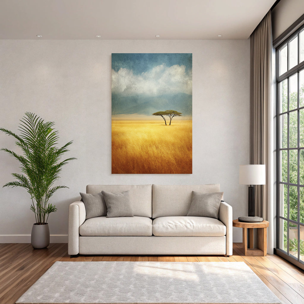 Desert Tranquil Landscape Two Trees Golden Grass Blue Sky