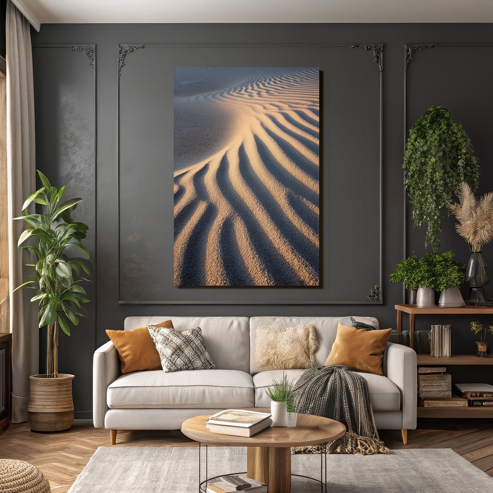 Desert sand with wavy pattern light shadow beach or desert