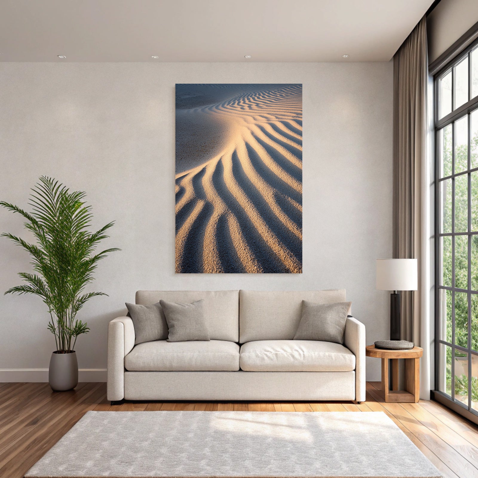 Desert sand with wavy pattern light shadow beach or desert