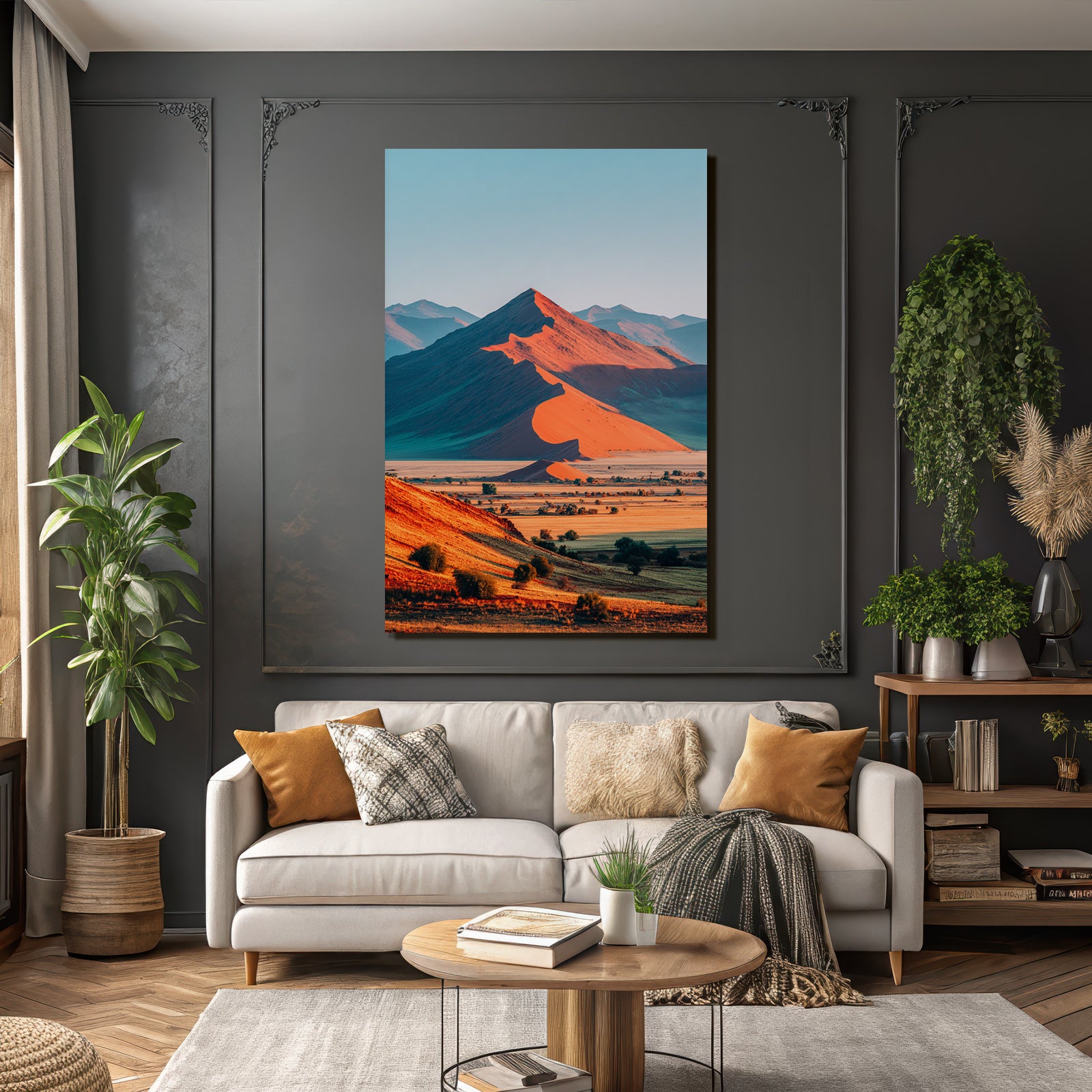 Desert sand dunes and mountains at sunrise or sunset