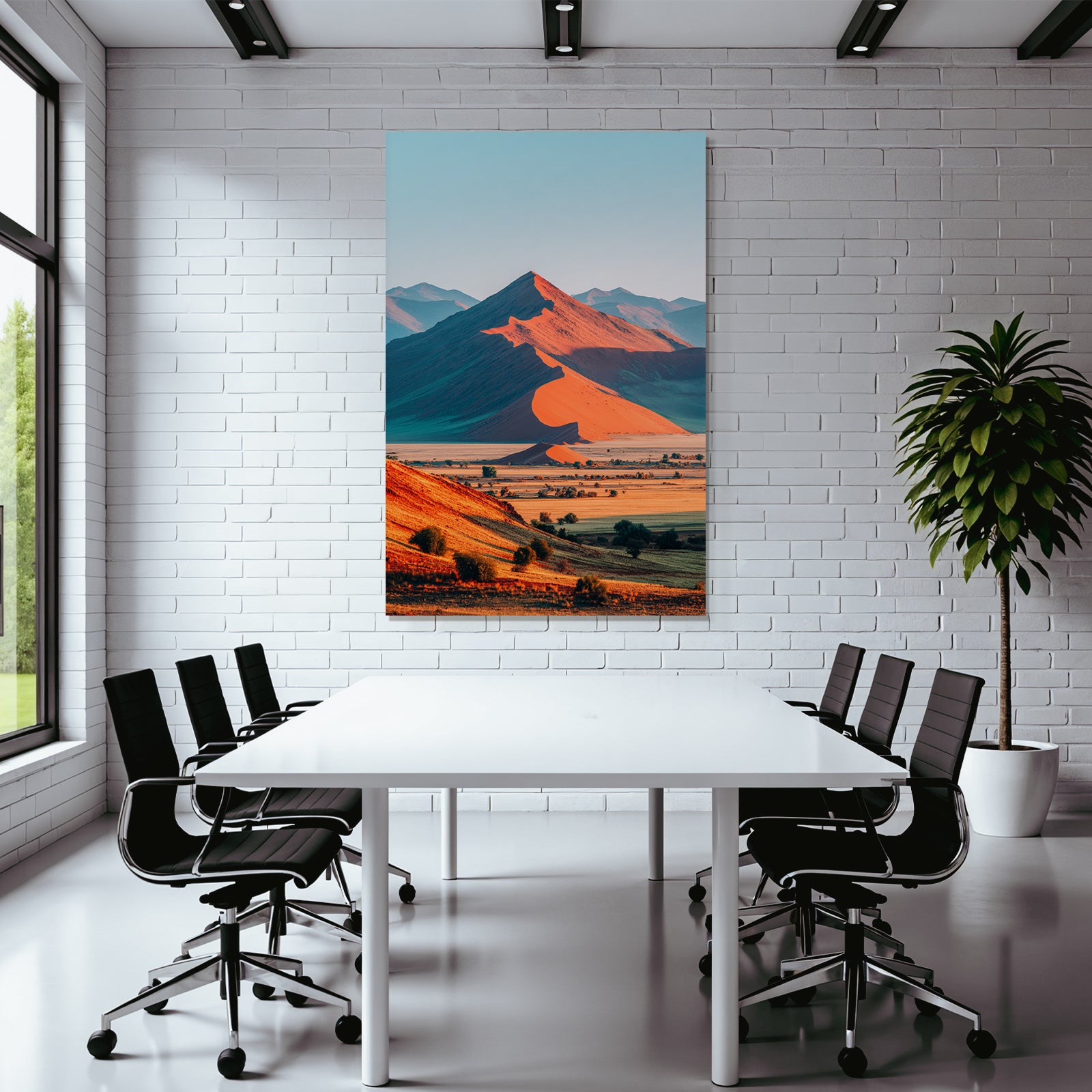 Desert sand dunes and mountains at sunrise or sunset