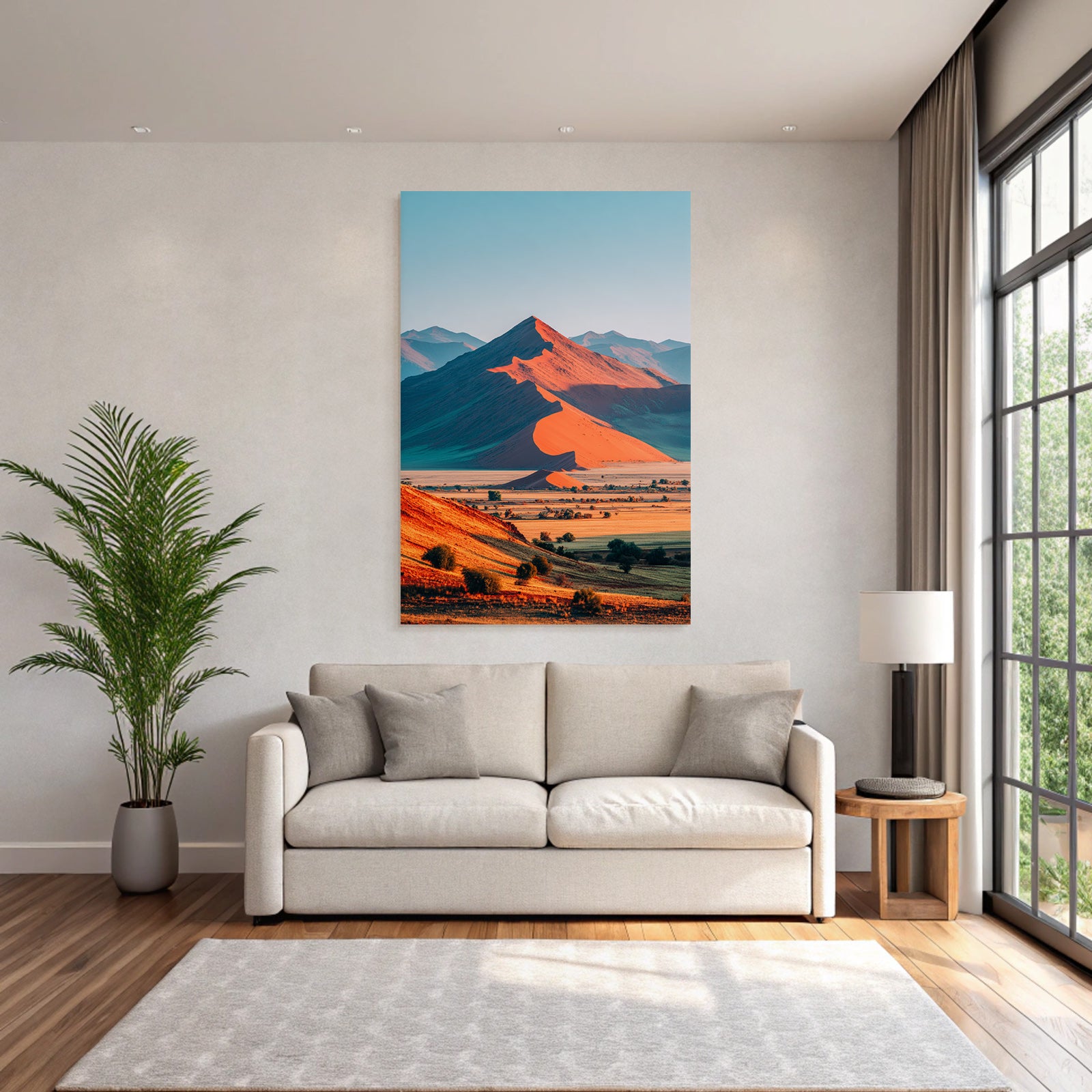 Desert sand dunes and mountains at sunrise or sunset