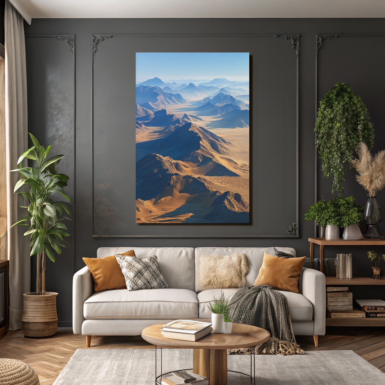Desert landscape with mountains and dunes in the desert area