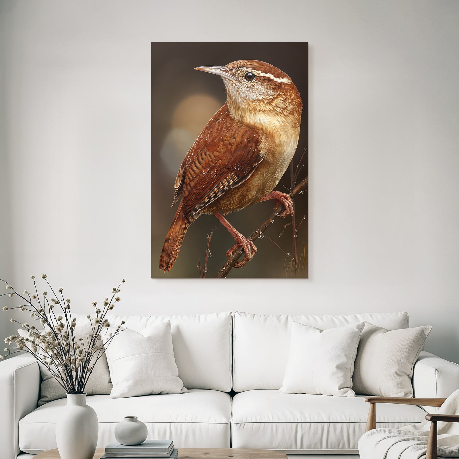 Desert bird on branch brown plumage with water drops