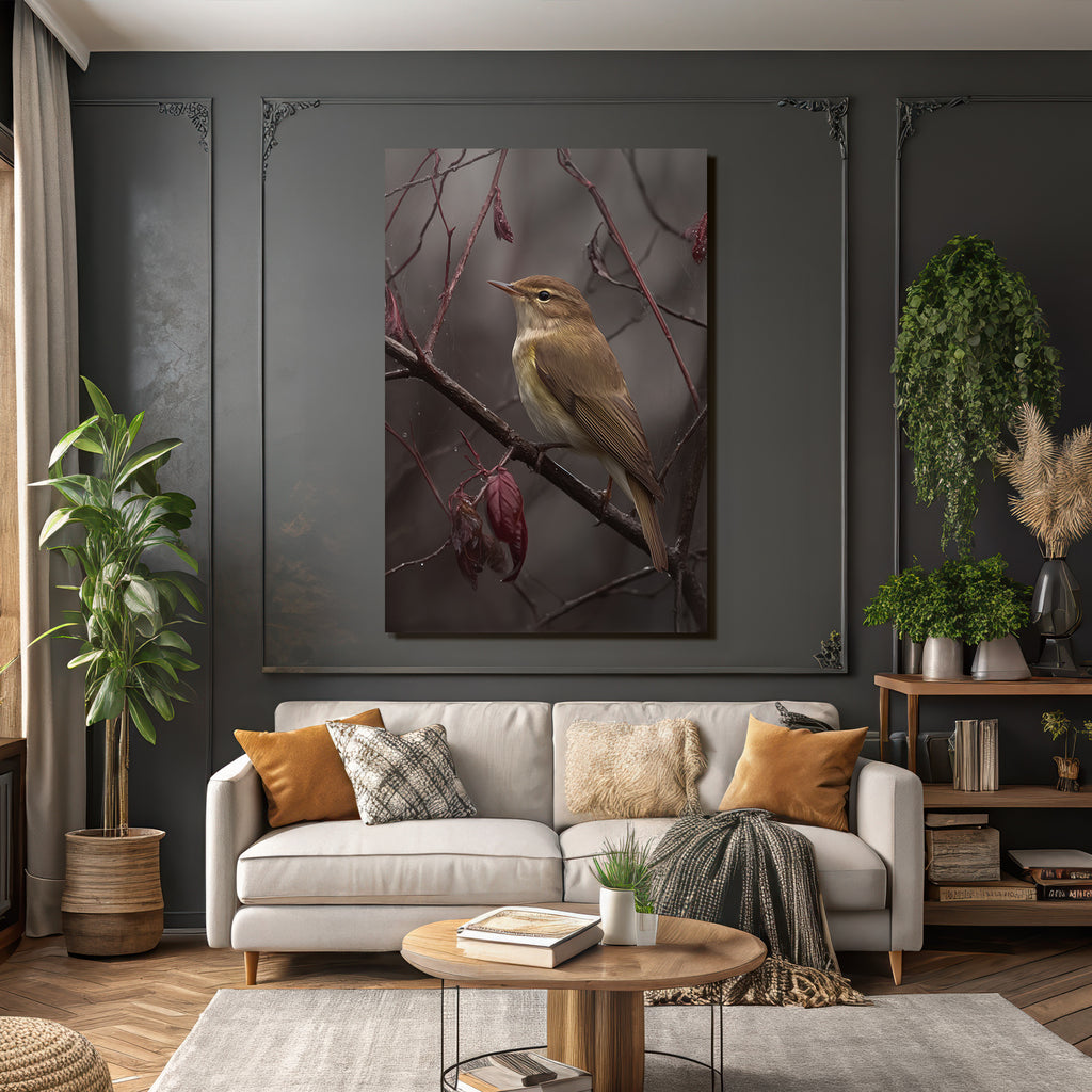 Desert bird on a branch with red foliage in nature