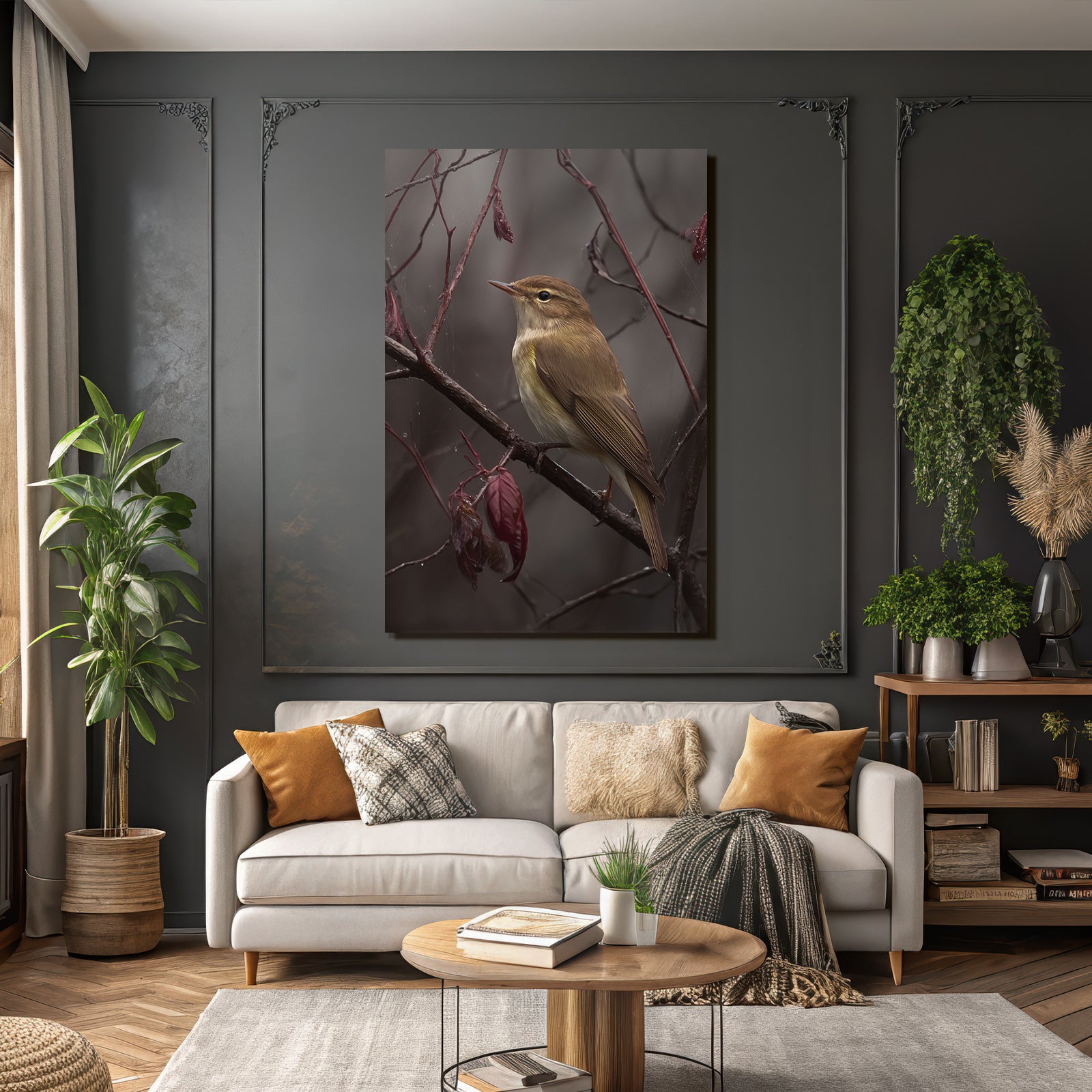 Desert bird on a branch with red foliage in nature