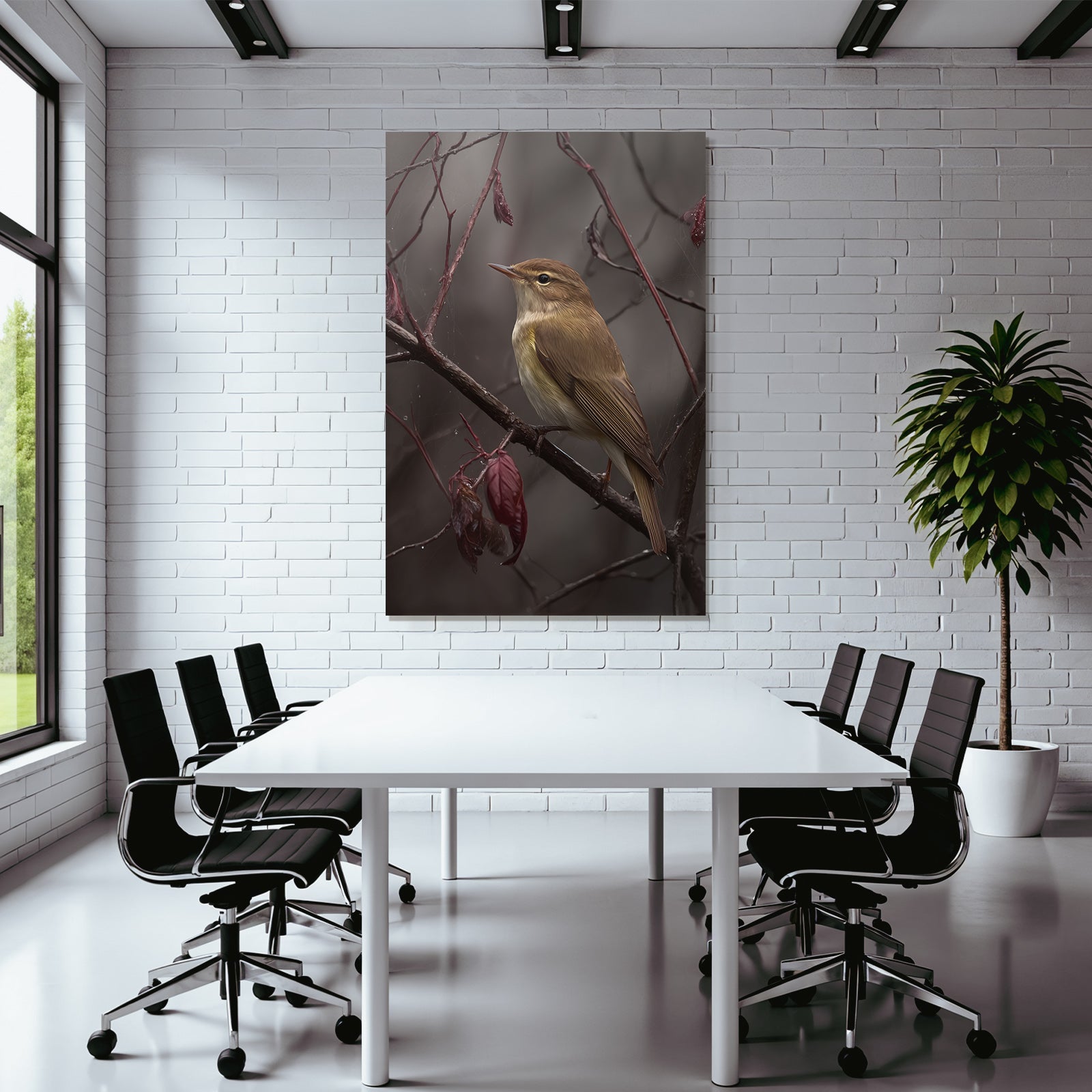 Desert bird on a branch with red foliage in nature