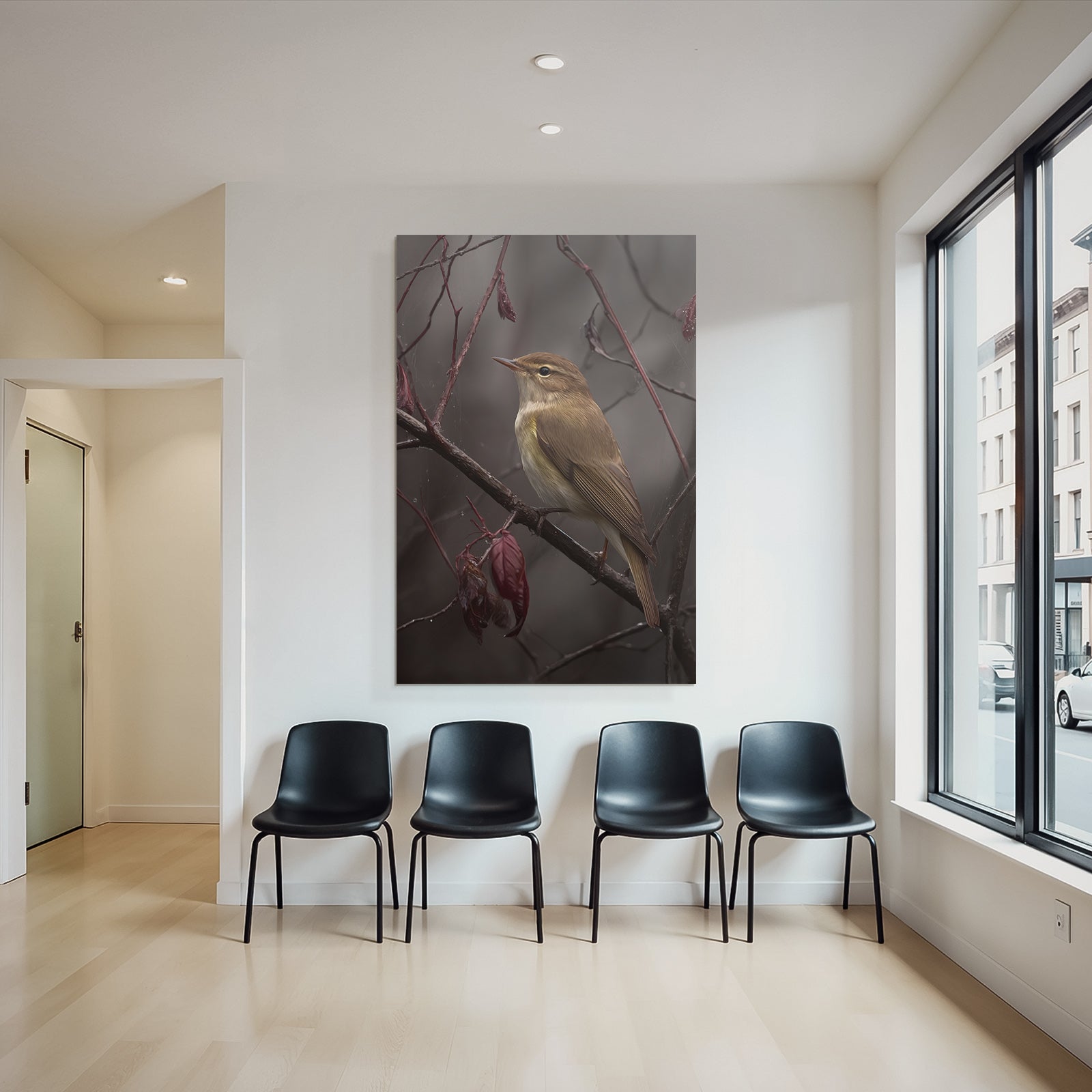 Desert bird on a branch with red foliage in nature
