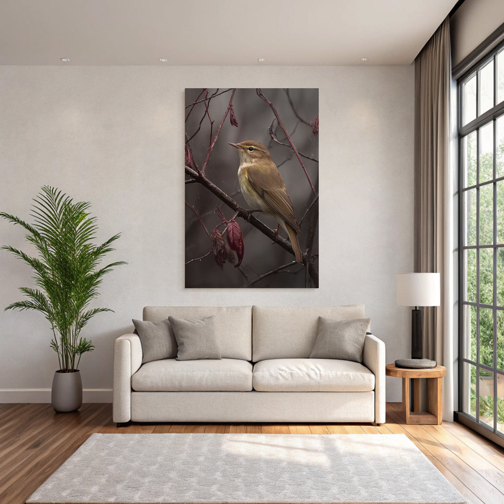Desert bird on a branch with red foliage in nature