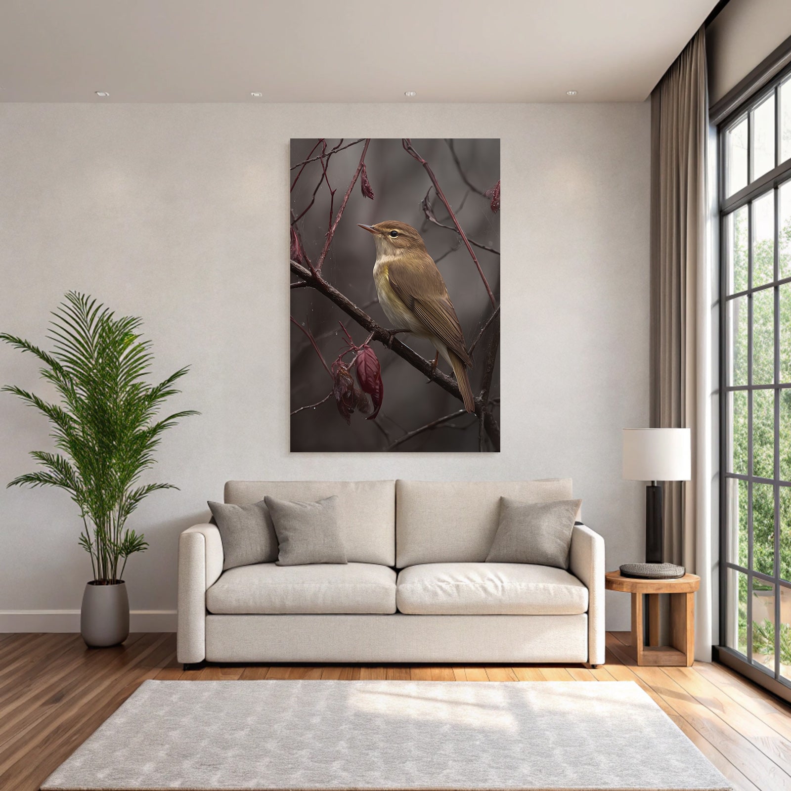 Desert bird on a branch with red foliage in nature