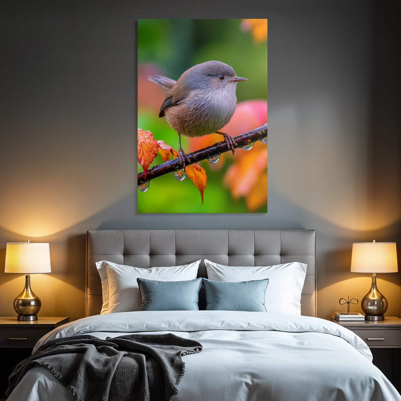 Desert bird on a branch with water drops surrounded by colorful foliage